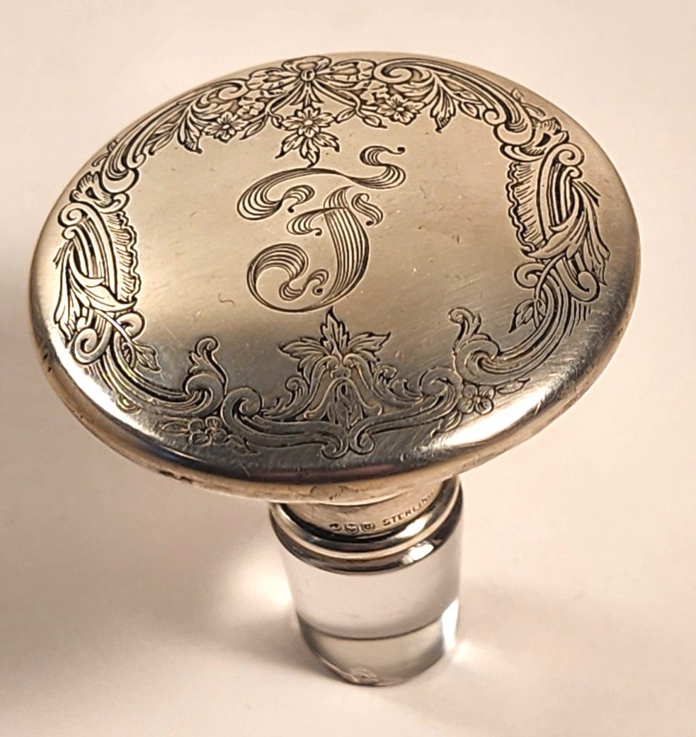 CUT GLASS DECANTER / BOTTLE with GORHAM STERLING SILVER STOPPER