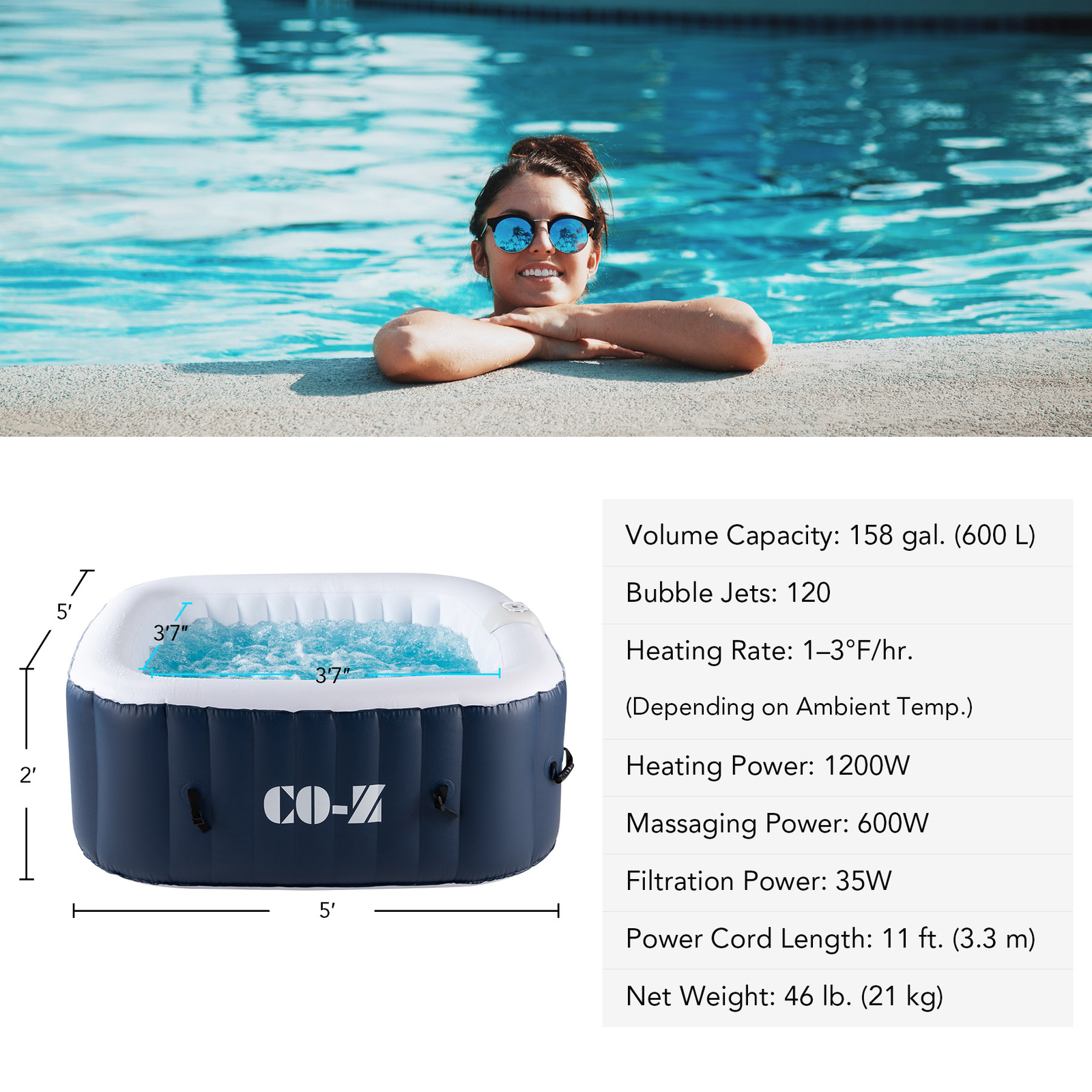 CO-Z 4 Person Portable Inflatable Outdoor 120 Air Jet Spa Hot Tub w Pump & Cover