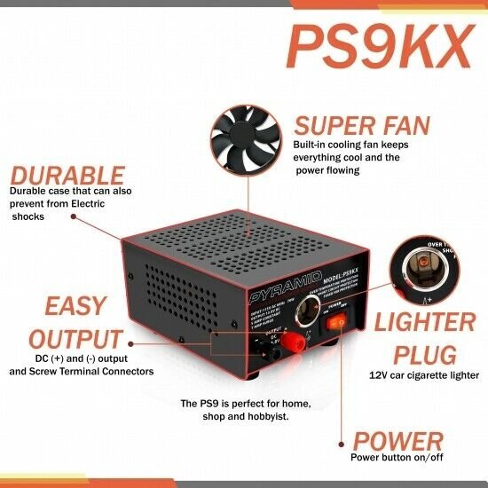 Pyramid PS9KX Bench Power Supply, AC-to-DC Power Converter with car Power Outlet
