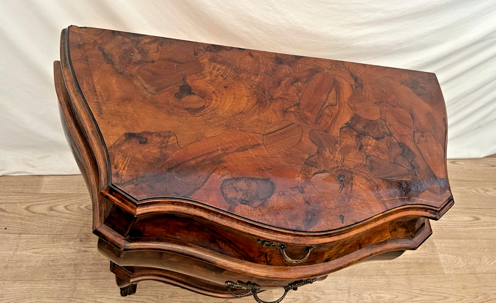 Vintage Venetian Bombe Commode Small Chest of Drawers Burl Turtle shell walnut