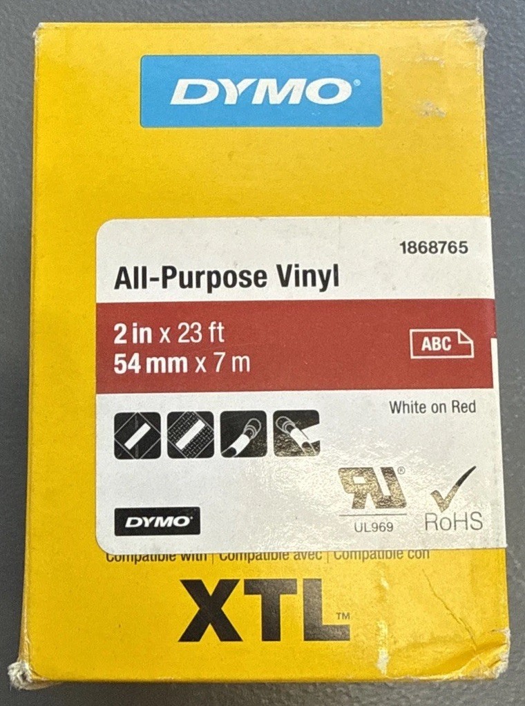 Dymo XTL 1868765 Labeling Tape, All Purpose Vinyl, White On Red, 2 in x 23 ft
