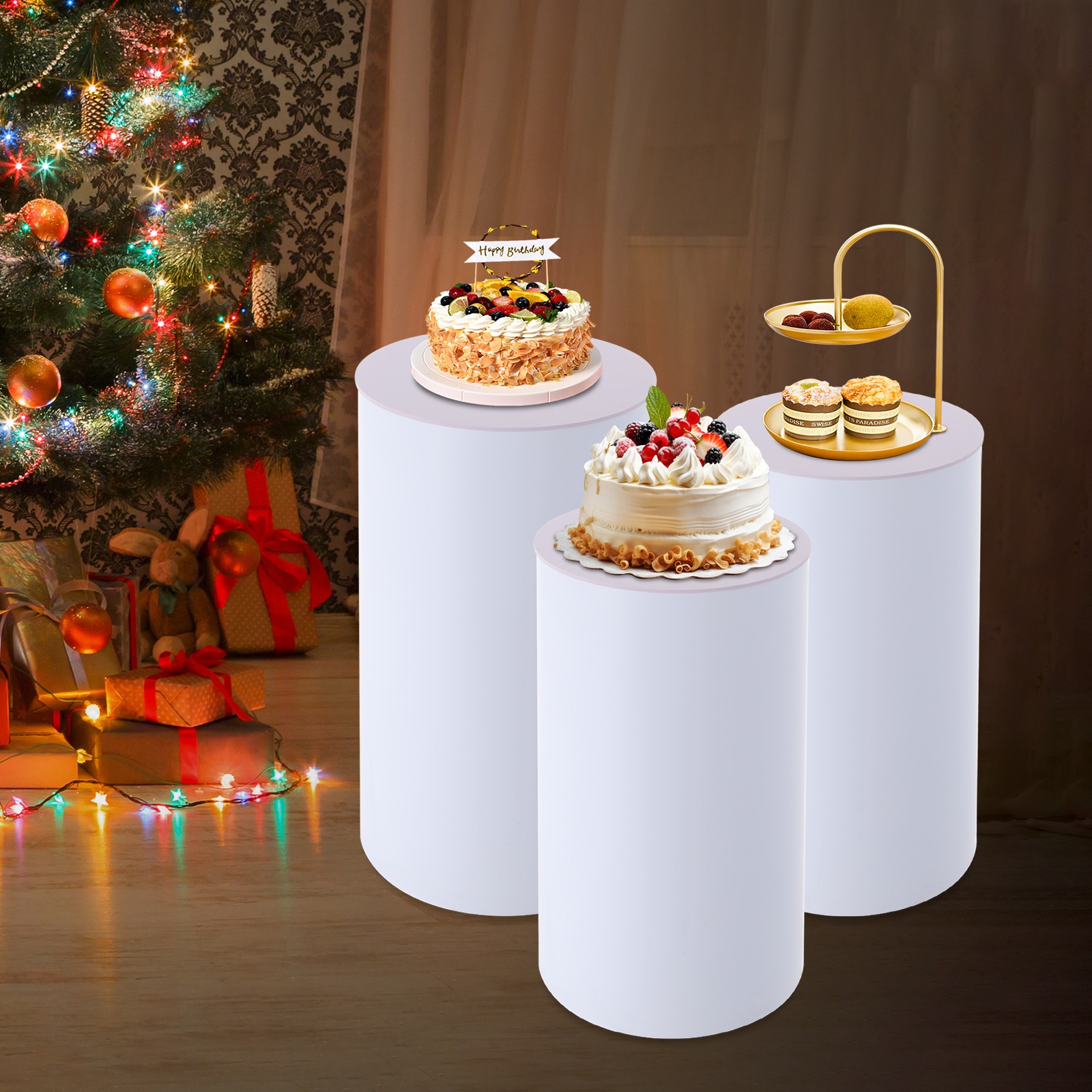 3 Pcs Round Cylinder Pedestal Stand For Wedding Party Display Stand Decor White