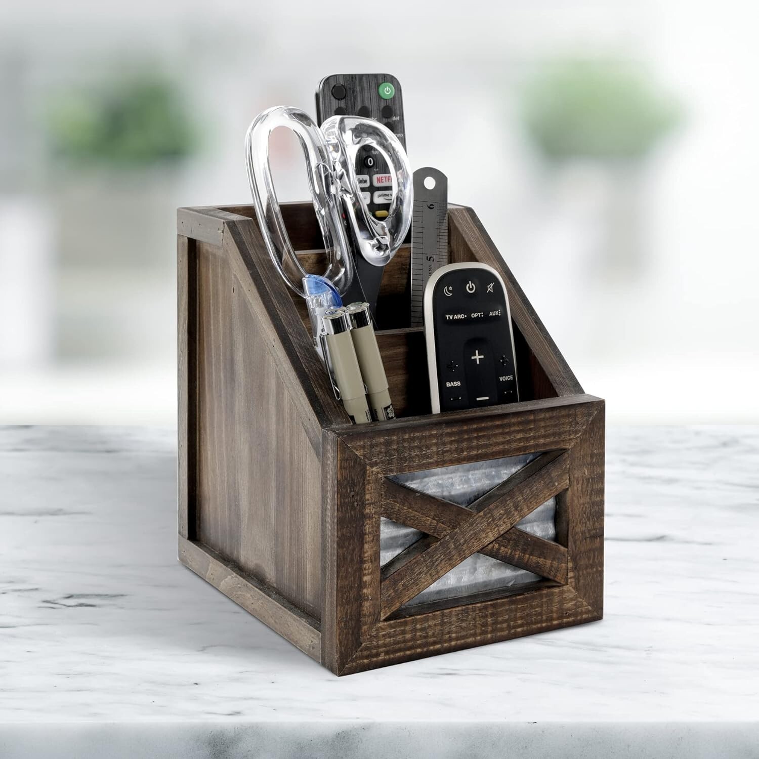 Autumn Alley Farmhouse Remote Holder Desk Organizer 3-Slot Compartment, Brown