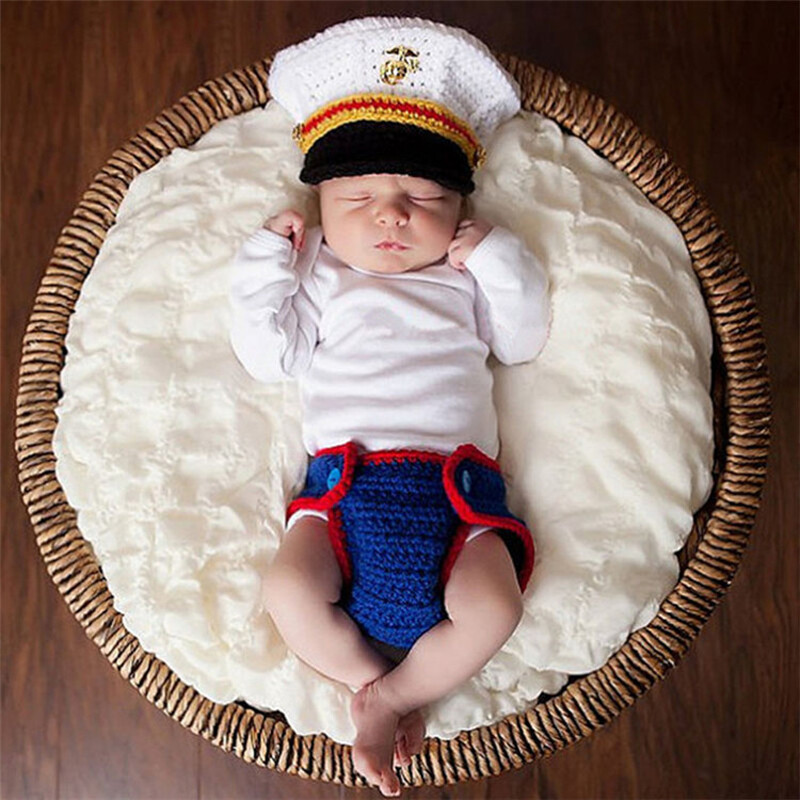 Newborn Baby Boy Knit Clothing Marine Corps Hat Crochet Photography Studio Props