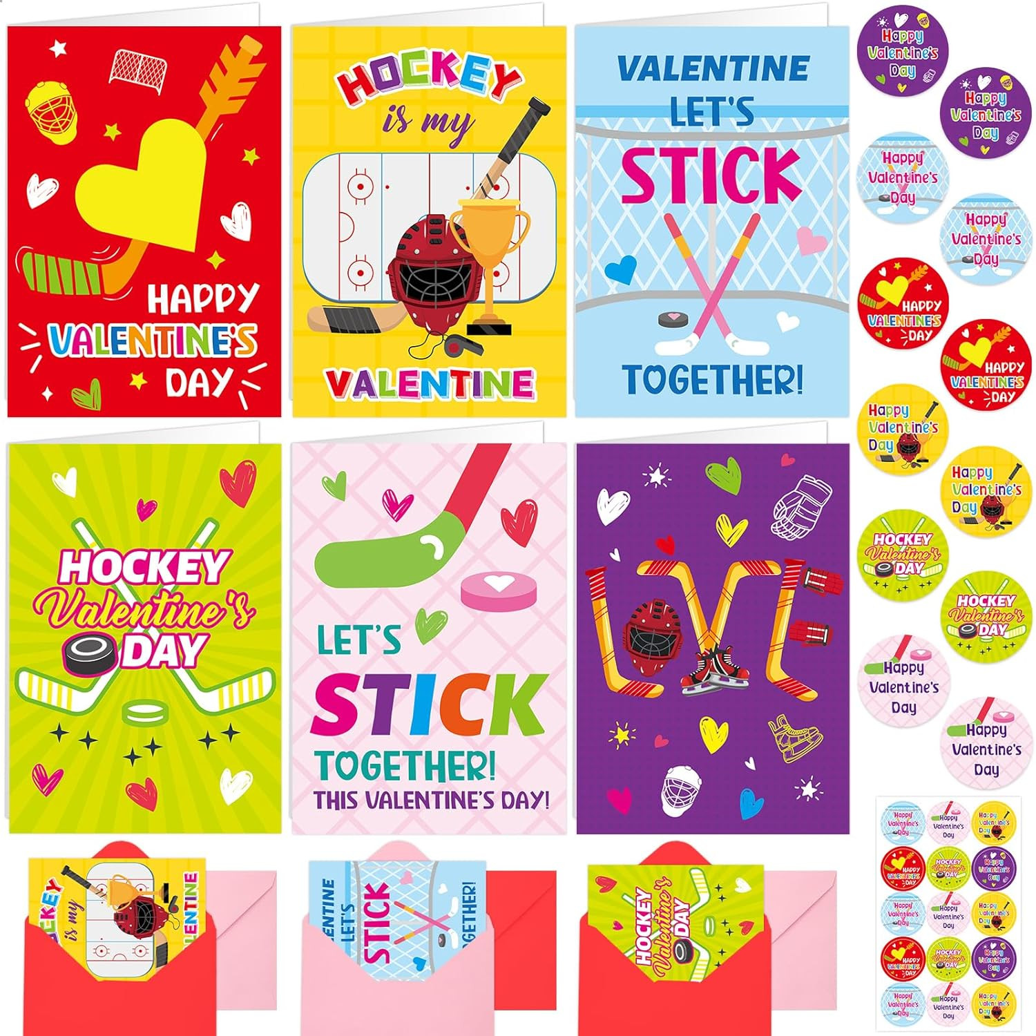 Hockey Valentine's Day Cards with Envelopes, 12-Pack for Kids