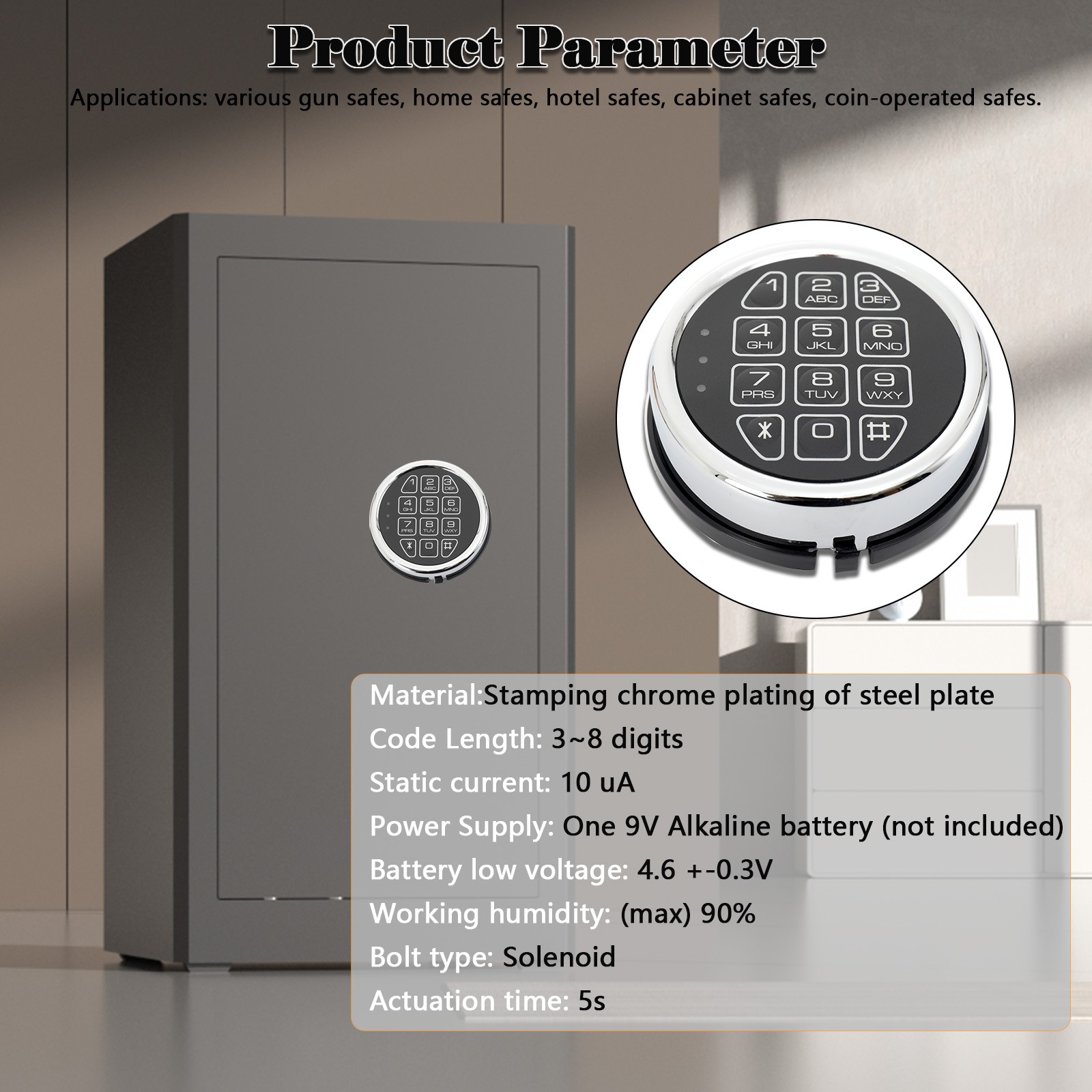 Gun Safe Lock Replacement Chrome Keypad Safe Electronic Lock Solenoid 2 Key