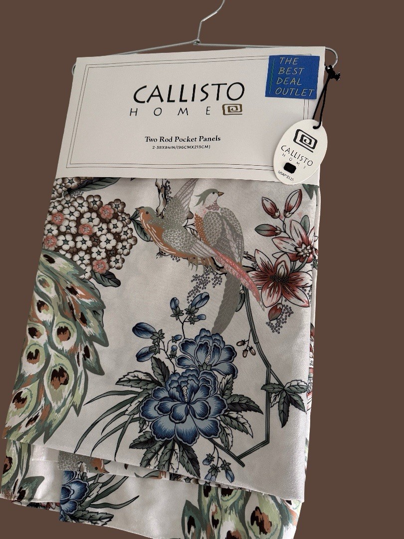 CALLISTO Window Curtains 2 Panels 38” X 84" Peacock Birds Drapers Back Top Ivory