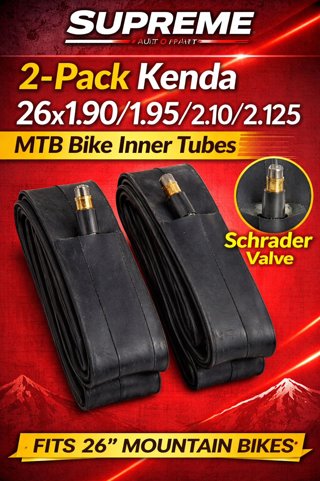 2-Pack Kenda 26x1.90 1.95 2.10 2.125 MTB Bike Inner Tubes Schrader Valve