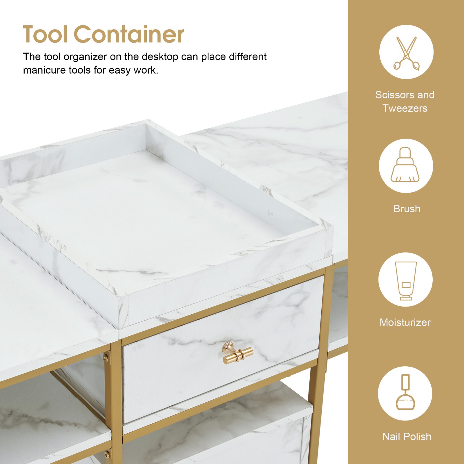 Double Manicure Table 2 person,Nail Station Marbling Texture with Storage Drawer