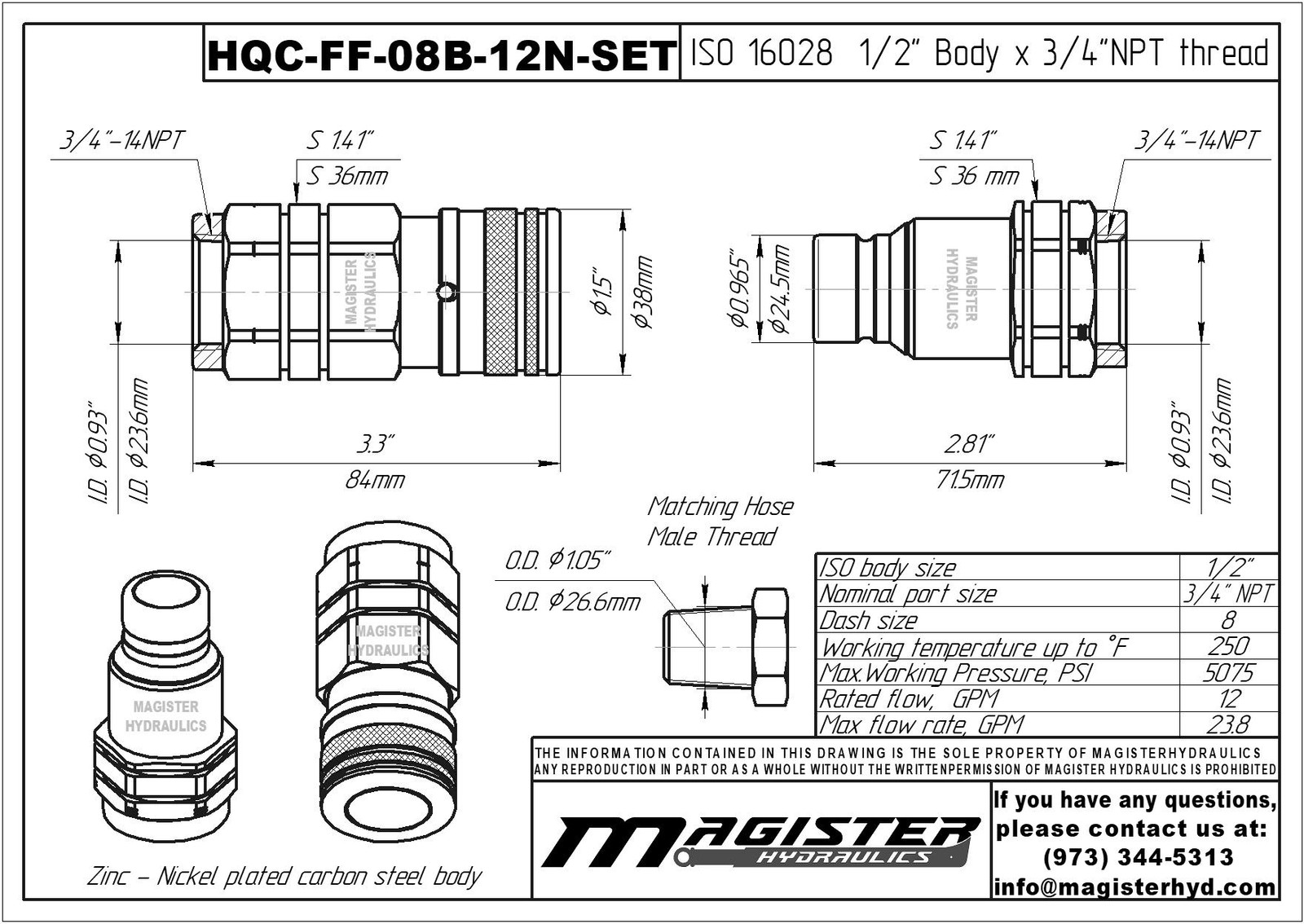 1/2″ Flat Face Hydraulic Quick Couplers Set - 3/4″ NPT Thread