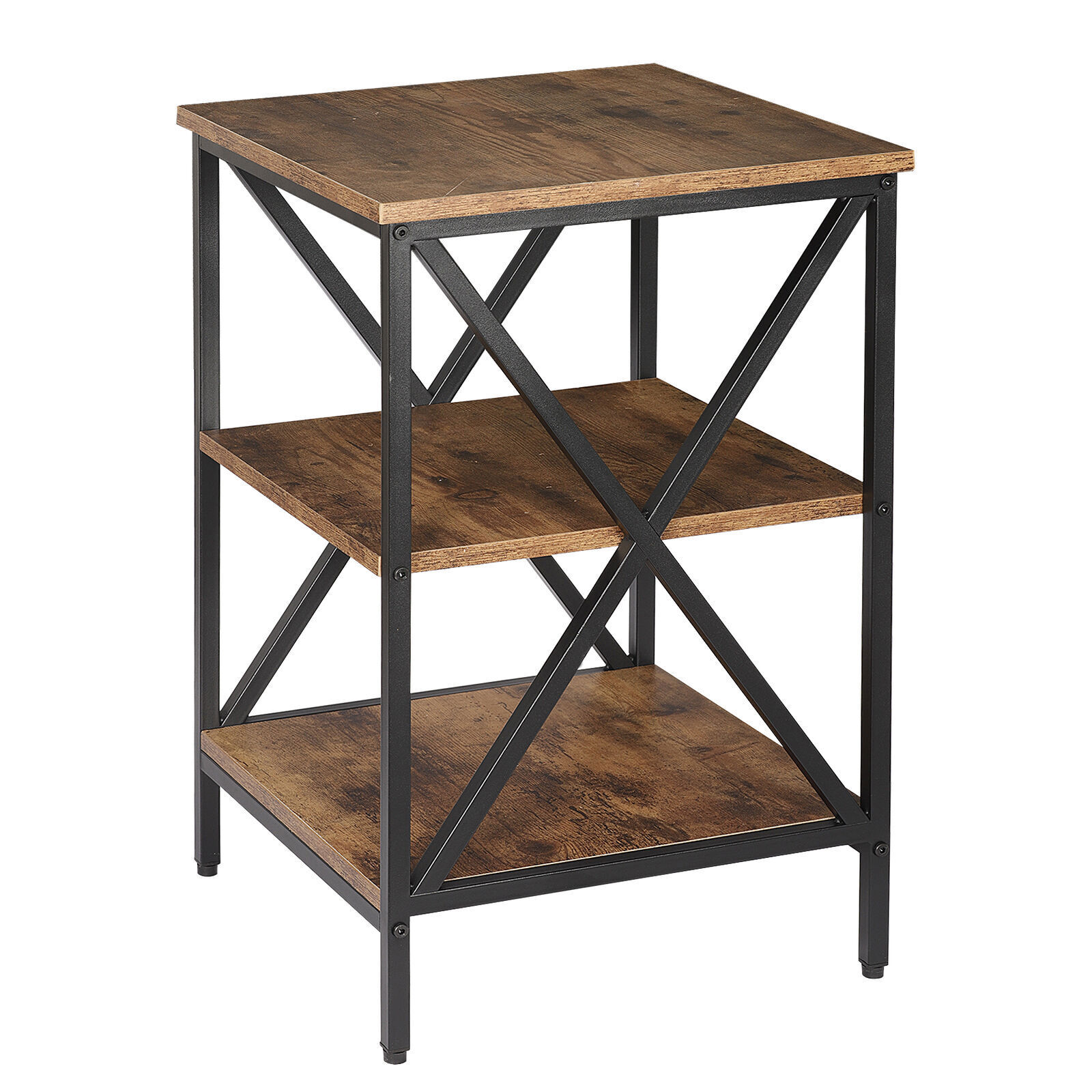 24.4" Side Table Industrial X Shape 3-Tier Small End Table Storage Sheves Brown