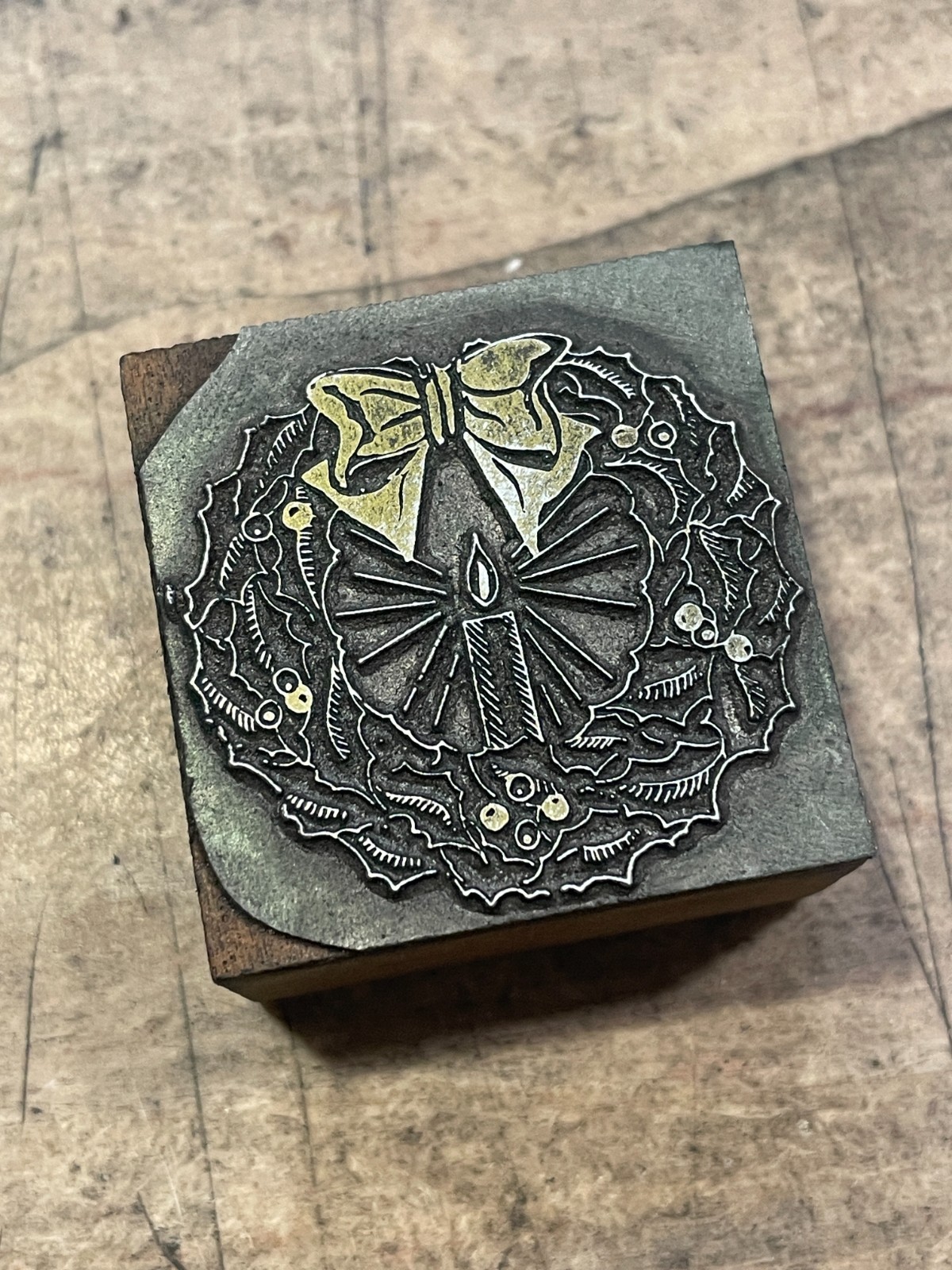 Printing Letterpress Printers Block Christmas Wreath With Bow And Candle (1357)