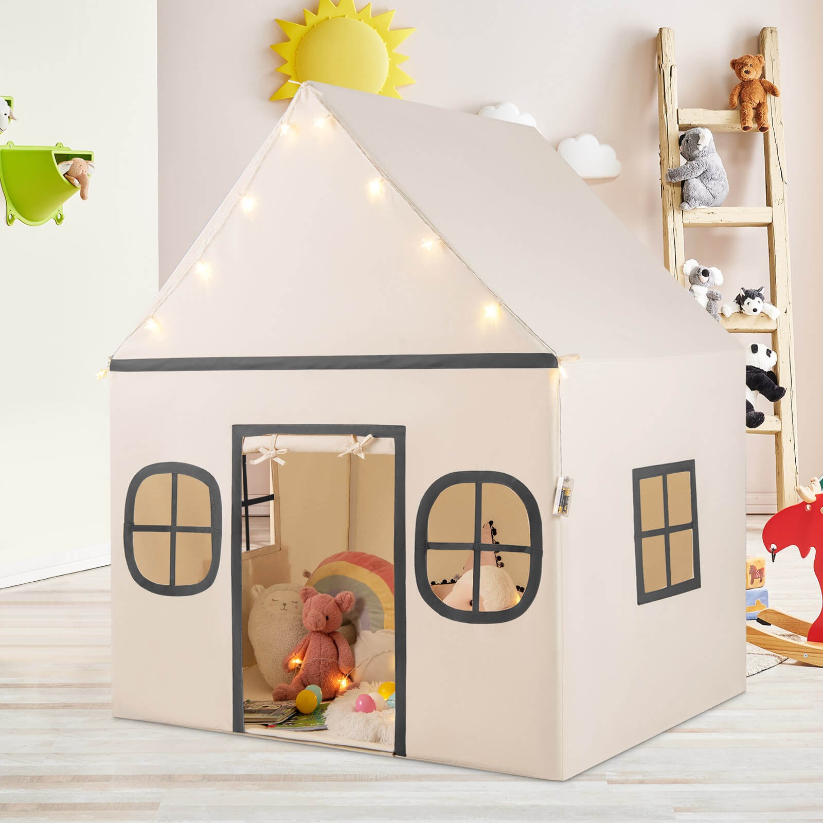 Kids Play Tent with Padded Mat, Star Lights, Side Storage Bags, Door & Windows