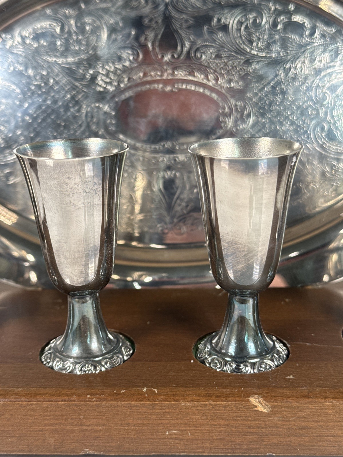 6 Wallace Cordials Shot Cups W/Wallace Baroque Silverplated Tray*