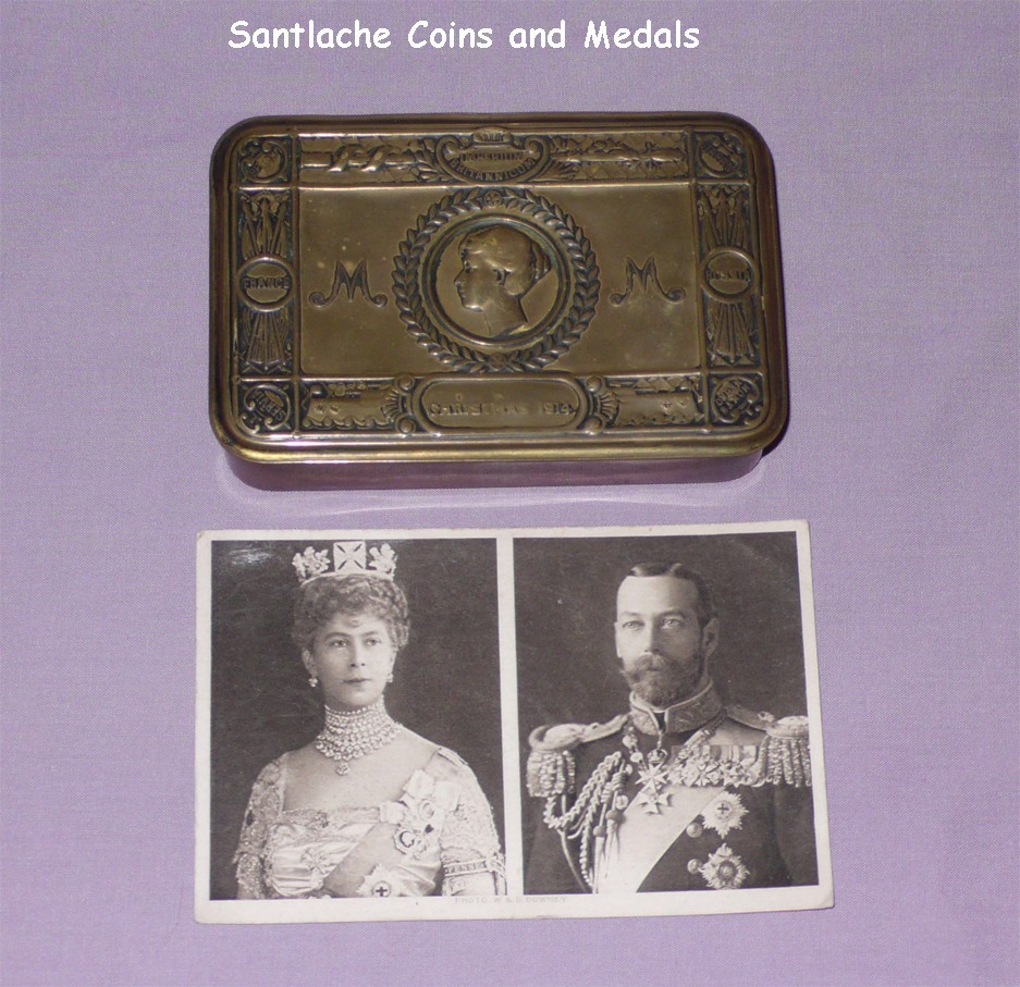 1914 QUEEN MARY CHRISTMAS TIN + ORIGINAL SIGNED CARD PHOTO OF KING & QUEEN