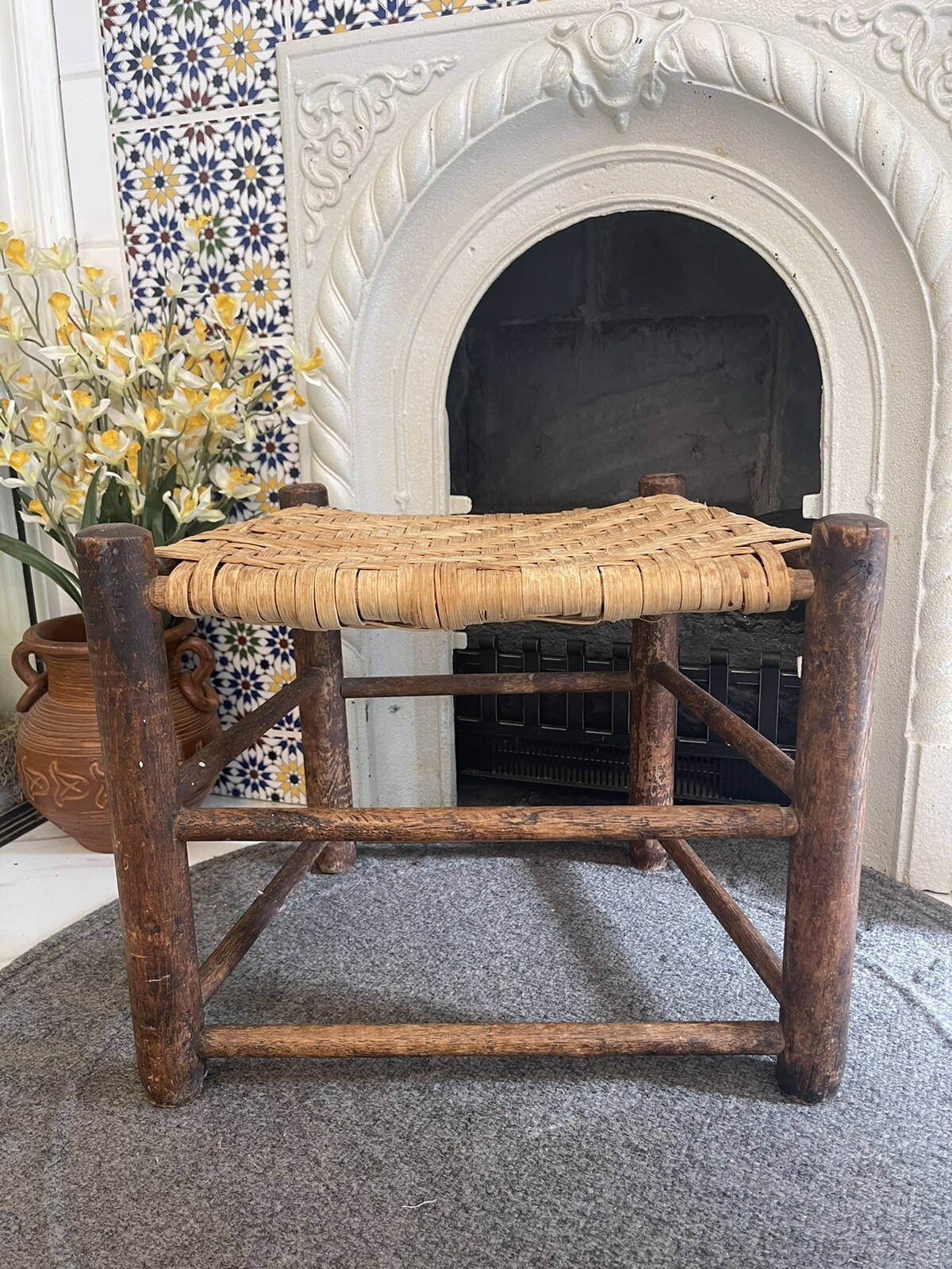 Vintage Oak Footstool Stool Ottoman With Trapezoid Woven Rush Top Handmade