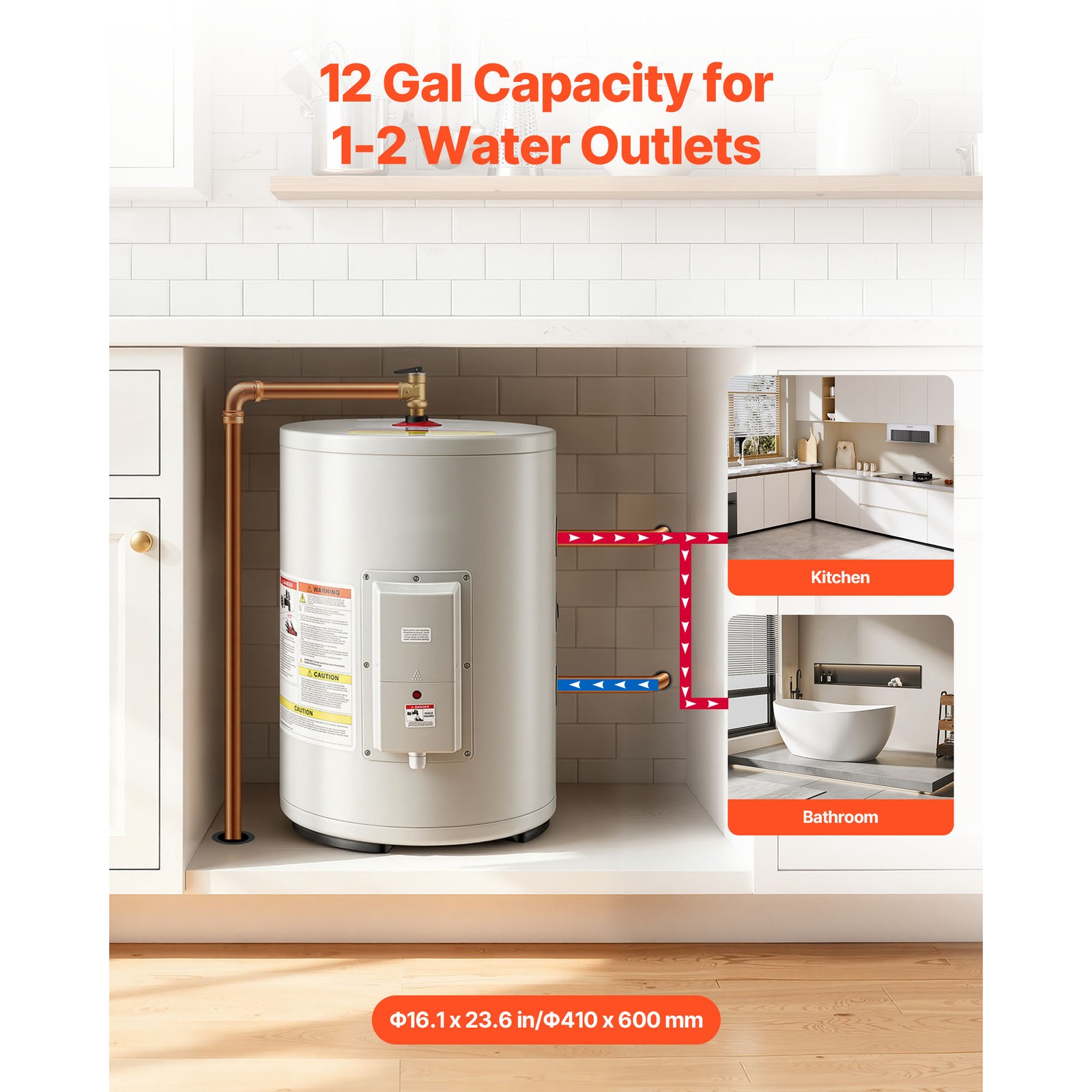 Uimoso 12-Gallon Electric Water Heater, 1600W, 120V, Point-of-Use with T&P Valve