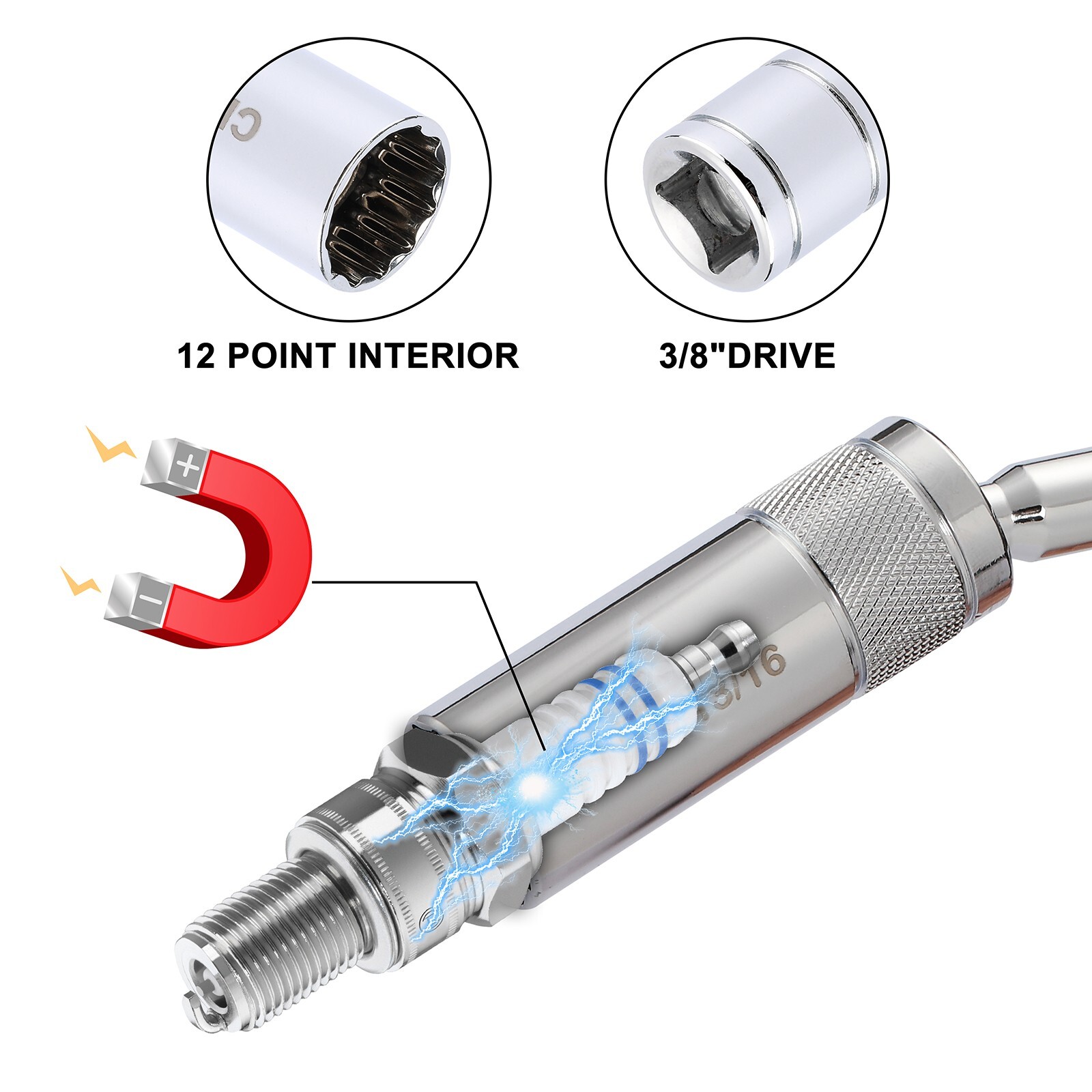 6PC 3/8"Dr. Magnetic Swivel Spark Plug Socket Set Include 9/16" 5/8" 13/16" 14mm