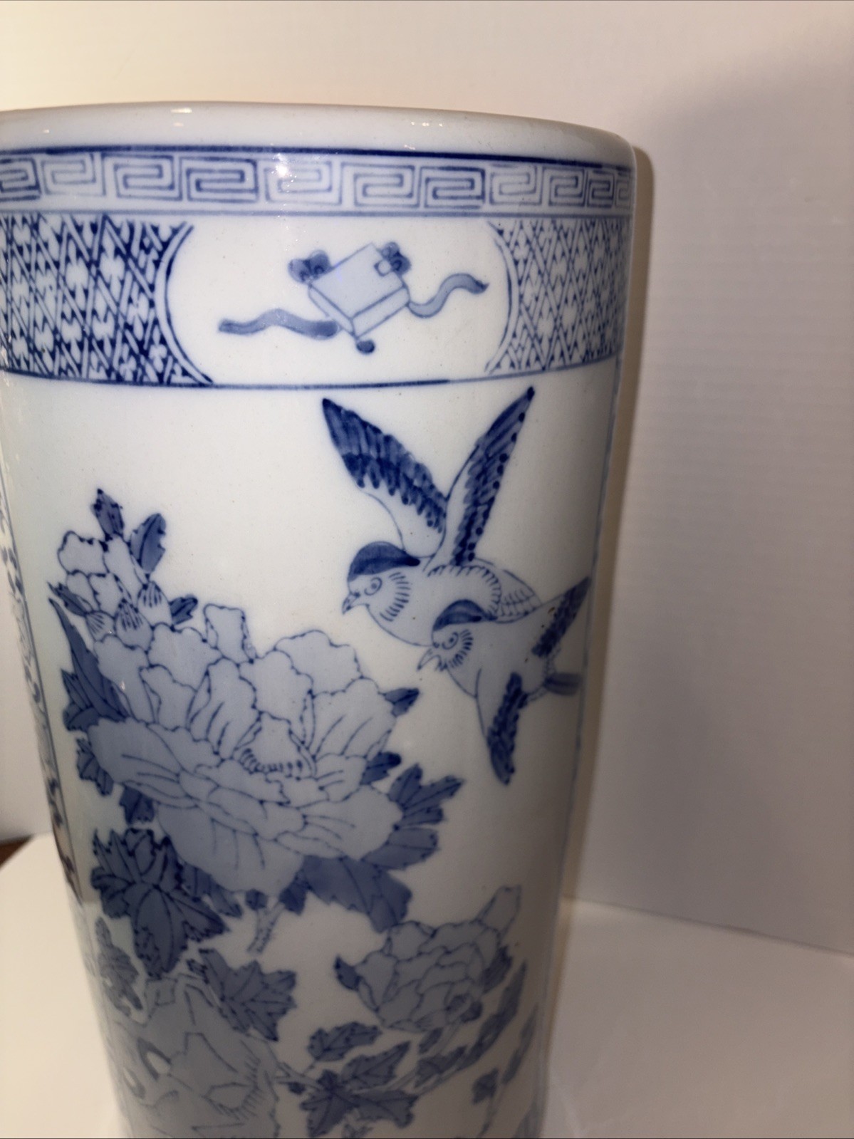 Vintage Umbrella Stand Blue and White Greek Key Chinoiserie Birds Chinese 18”