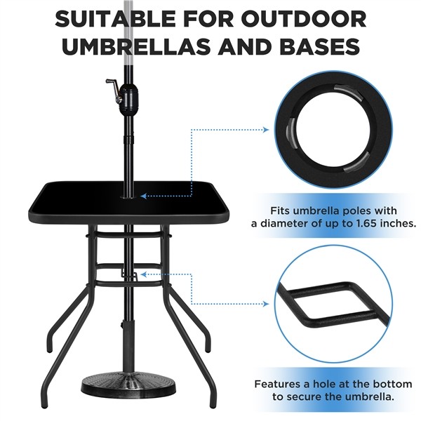 Outdoor Square Patio Bistro Table with Silk Printing Glass Top and Umbrella Hole