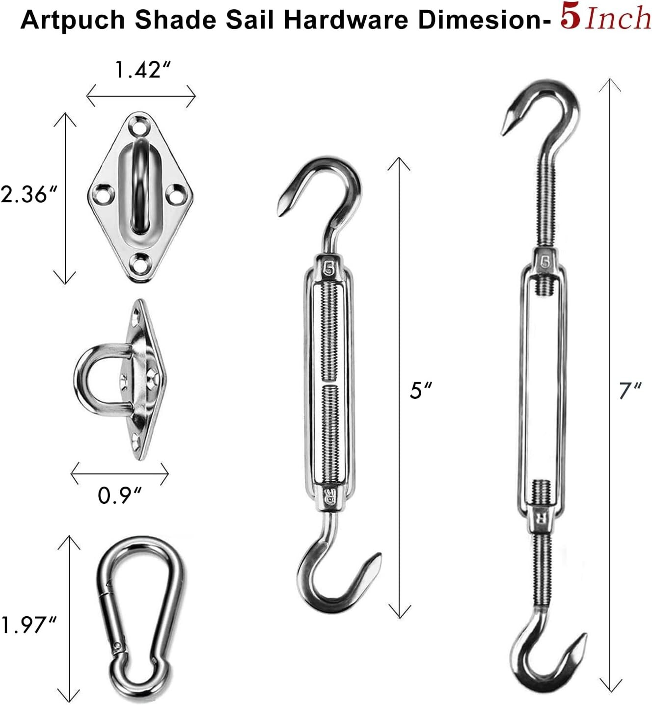 Sun Shade Sail Hardware Kit 5 Inch for Rectangle Square Shade - Stainless Steel
