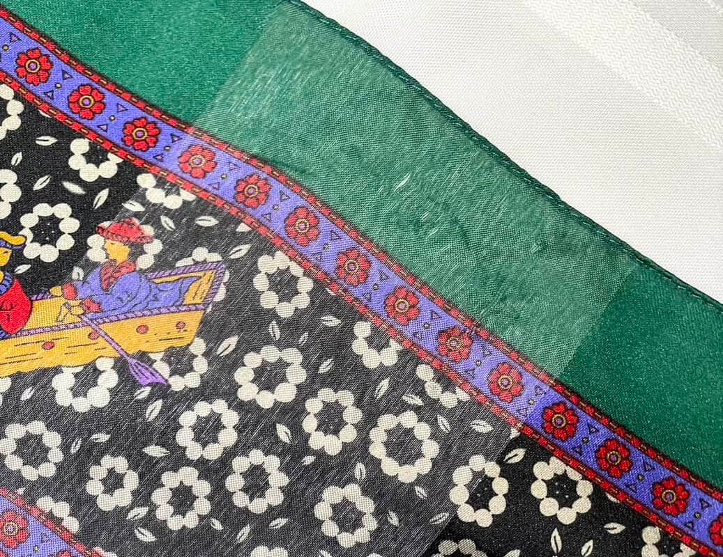 VTG Italy Square Scarf Asian Motif Couple in Boat Lotus Flowers Green 31x31"