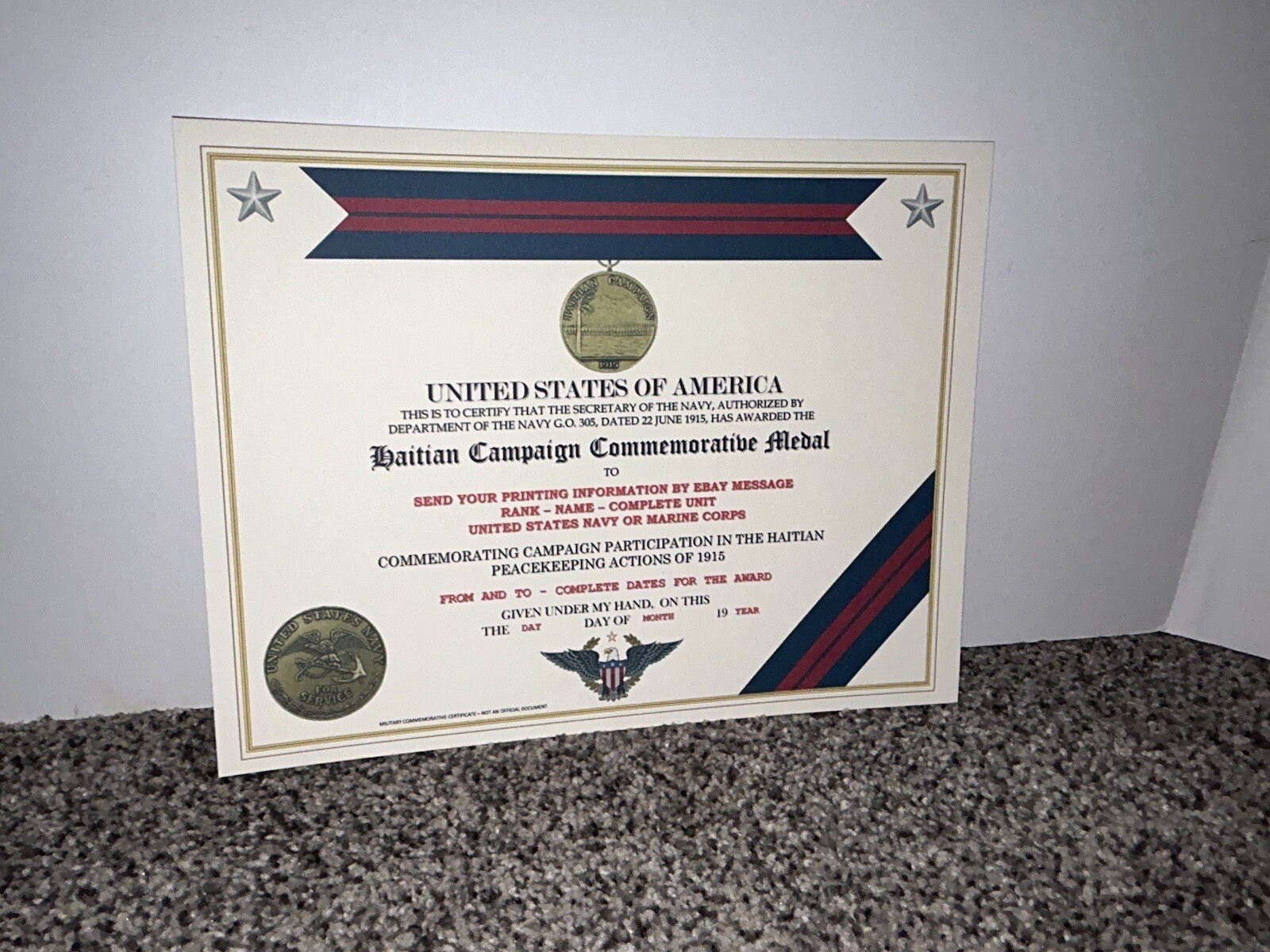 HAITIAN CAMPAIGN (NAVY) COMMEMORATIVE MEDAL CERTIFICATE ~ W/PRINTING TYPE-1