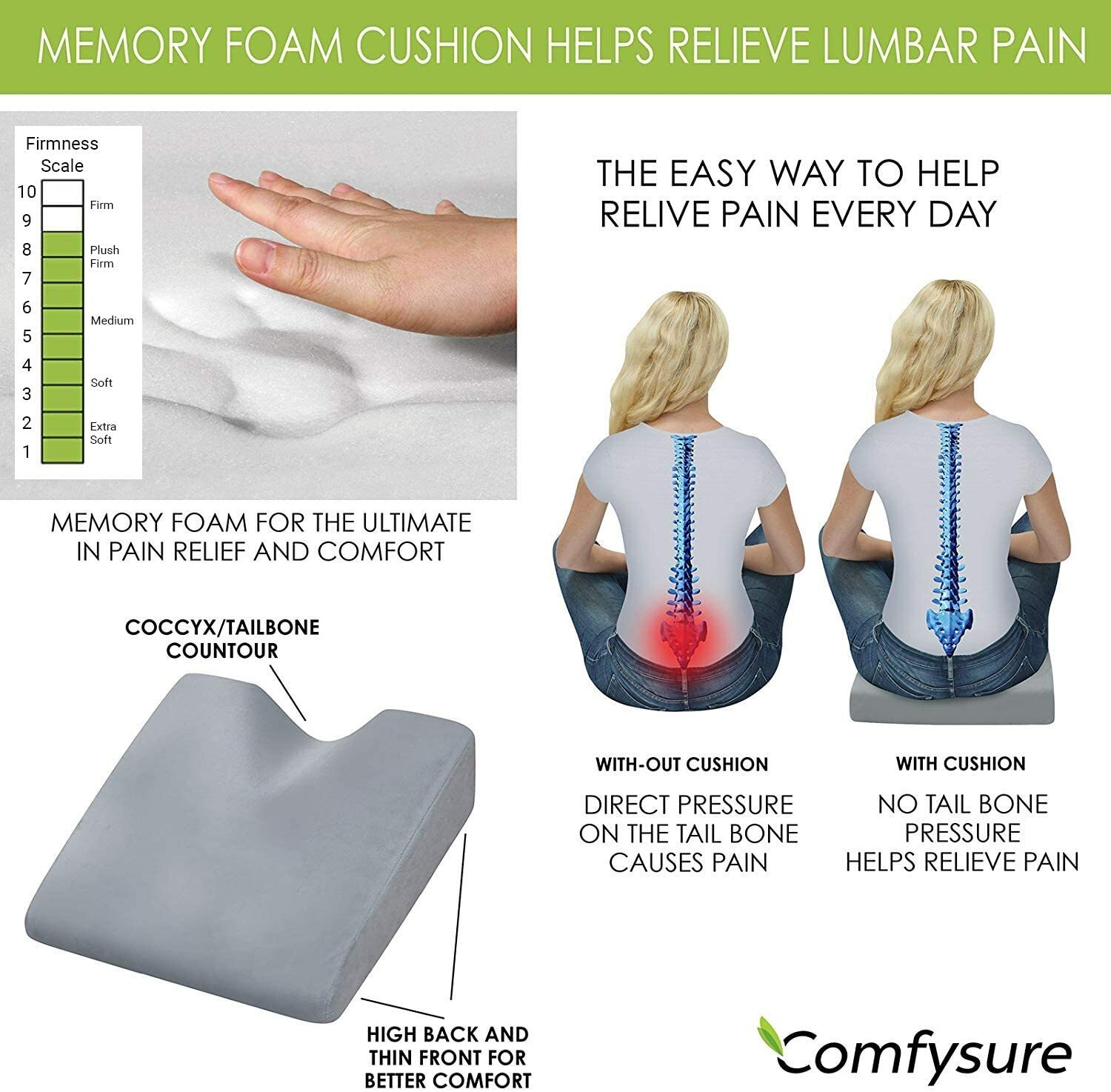 COMFYSURE Car Seat Wedge Pillow – Memory Foam Firm Cushion - Orthopedic
