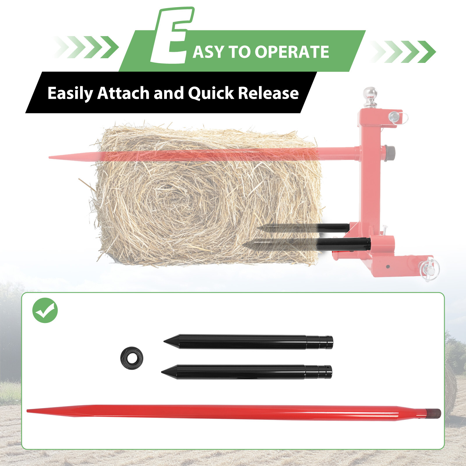 Hay Bale Spear Quick Attach Square W/Stabilizers Sleeves Spike Fork For Tractors
