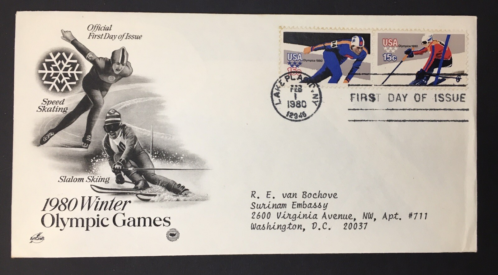 USPS FDC 1980 Winter Olympic Games Speed Skating Skiing ArtCraft Lake Placid NY