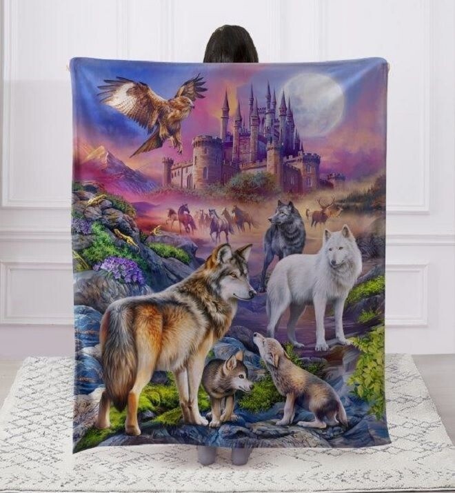 New Wolf Fantasy Throw Blanket Wolves Castle Full Moon Pack Howl Horses Forest