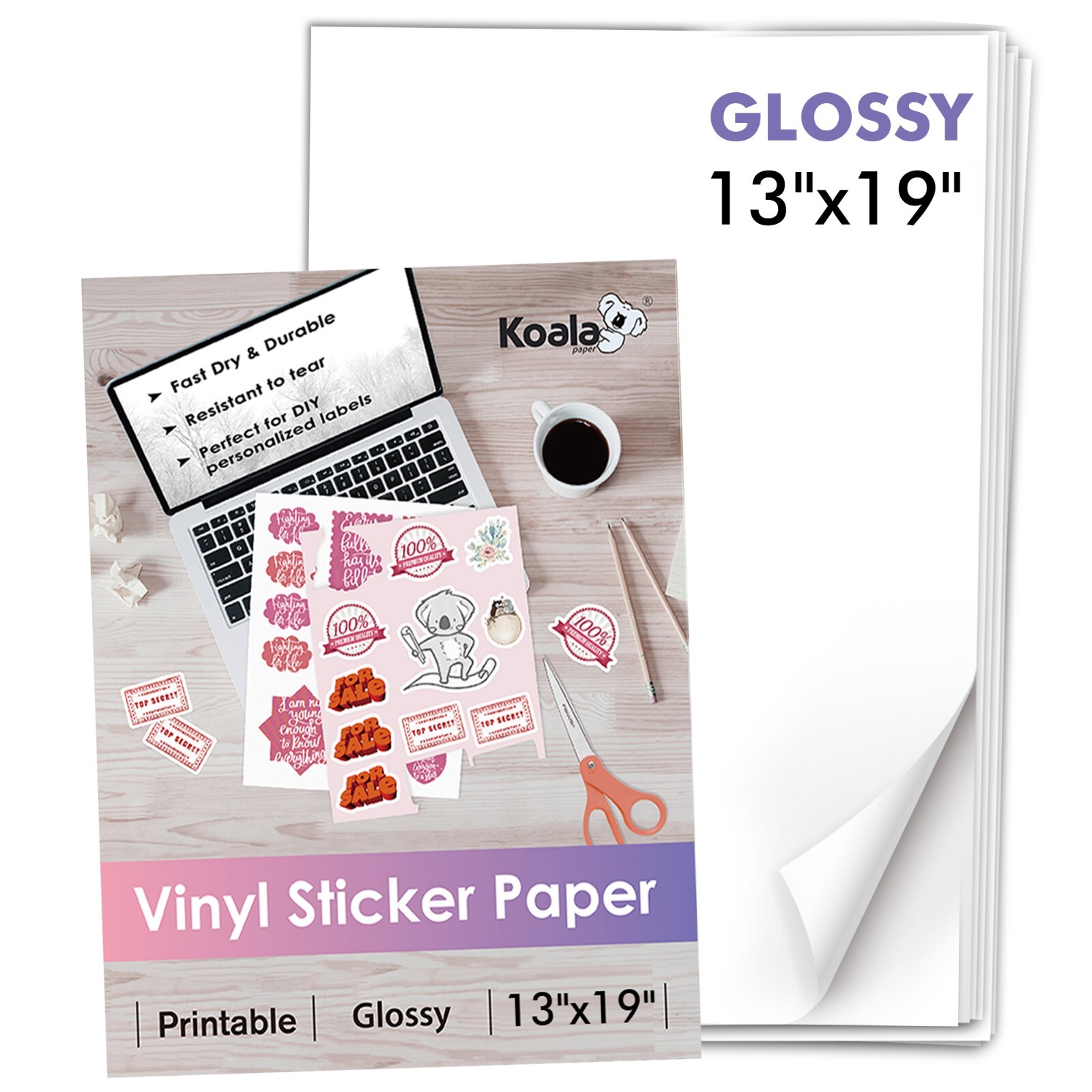 120 Sheet Koala Vinyl Sticker Paper 13x19 Glossy Waterproof Inkjet Laser Printer