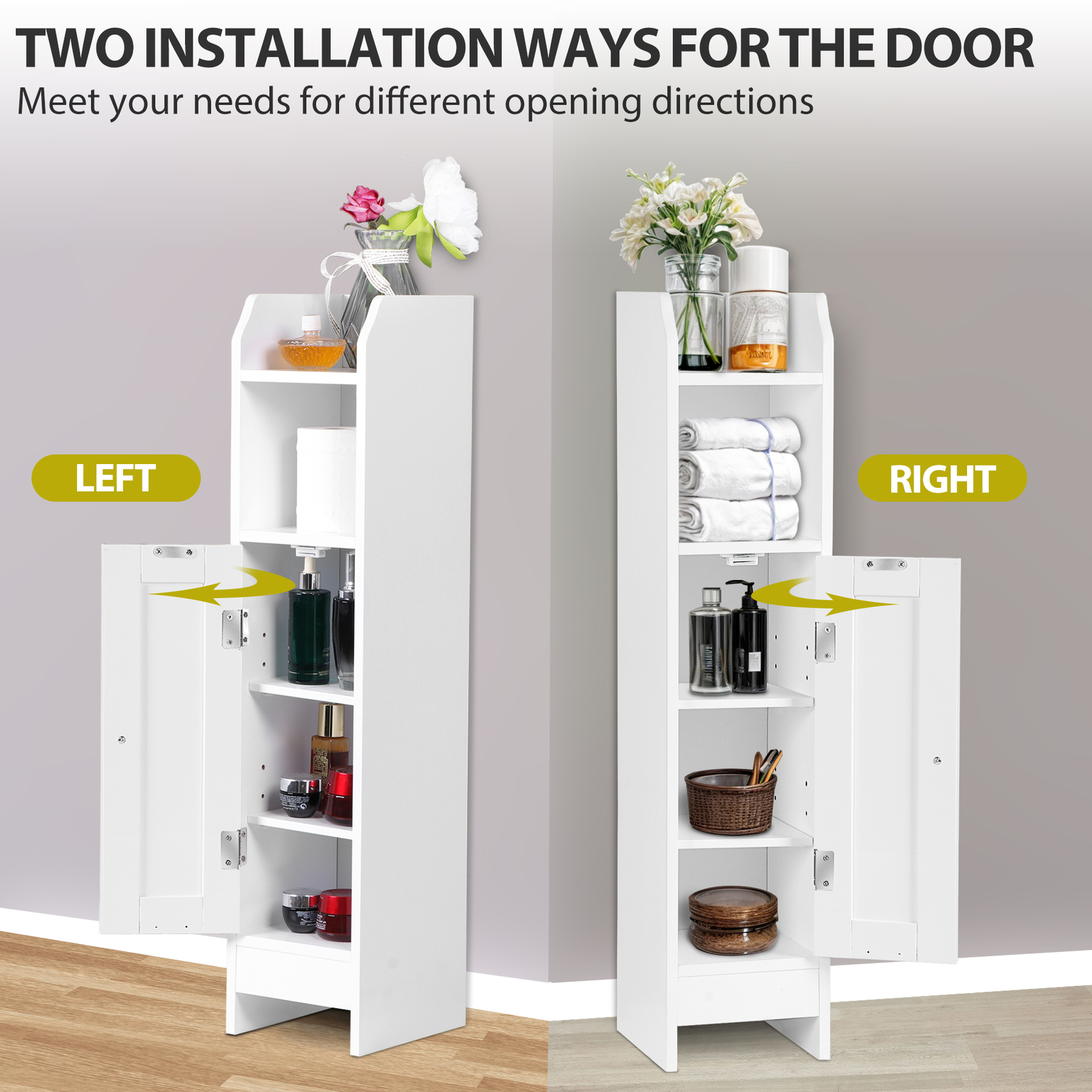 Small Bathroom Storage Cabinet White Floor Standing w/ Door & Shelves Storage