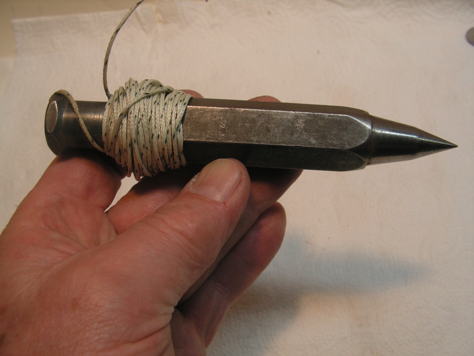 Vintage 12oz Plumb Bob With Nylon Cord 12'+ Hex Body, Nice Sharp Point