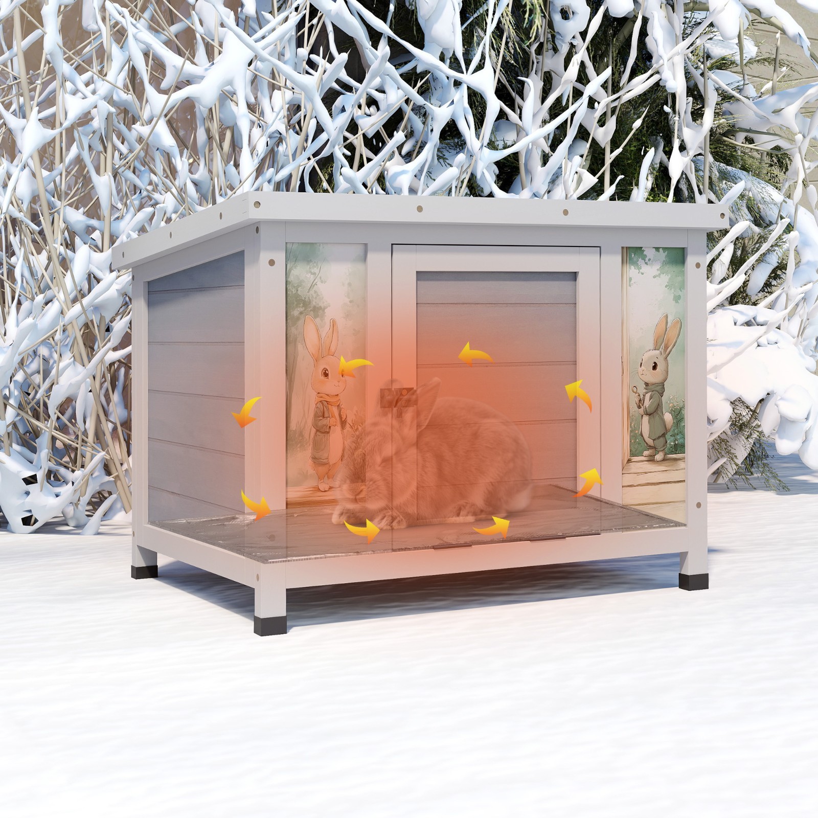 24'' Small Heated Cat House Outdoor Indoor, Insulated Rabbit Hutch w/ Warm Liner