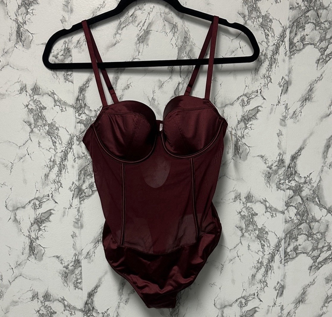 Auden Berry Red Satin And Mesh Lightly Lined Lingerie Bodysuit Size S