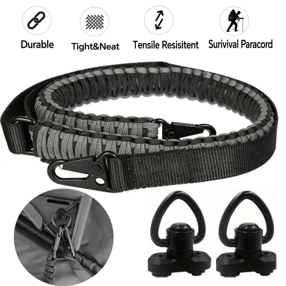 2 Point Rifle Sling Adjustable Paracord Strap with Metal Hook and Sling Swivels