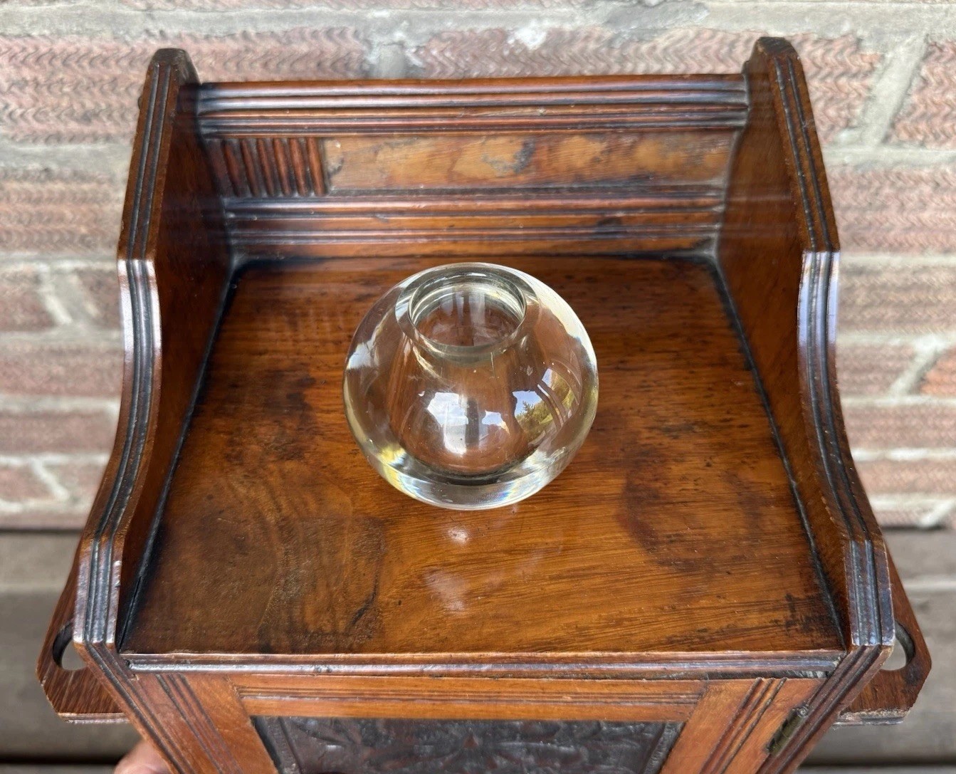 Antique Edwardian Oak Wall Hanging Smokers Cabinet & Original Glass Match Holder