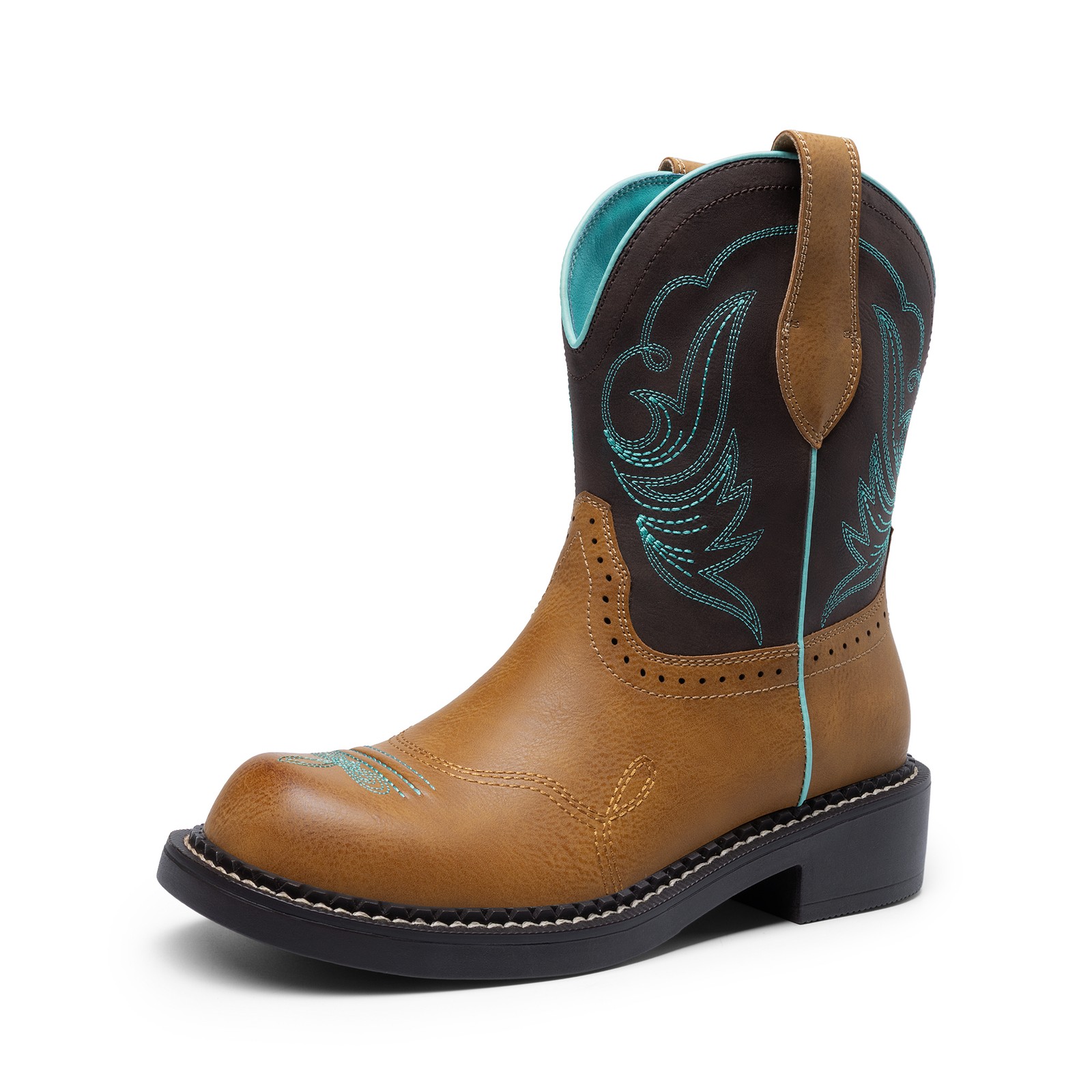 US Women Mid Calf Boots Western Boot Round Toe Embroidered Cowboy Cowgirl Boots