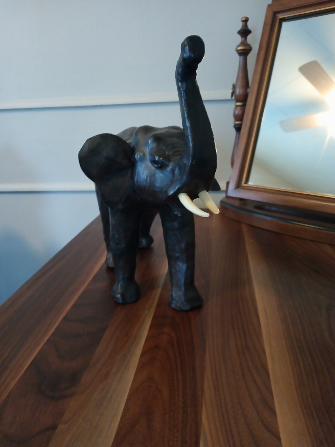 Elephant Large Leather 13" Brown Roaring Elephant Vintage Art Statue Lucky