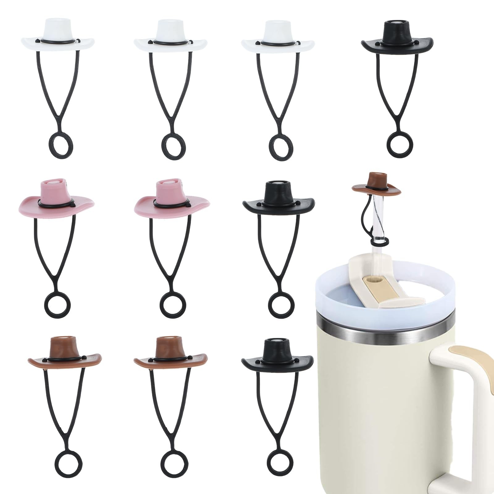 10 Pcs Straw Cowboy Covers Cap Silicone Cowboy Hat Cute Funny Straw Toppers T...