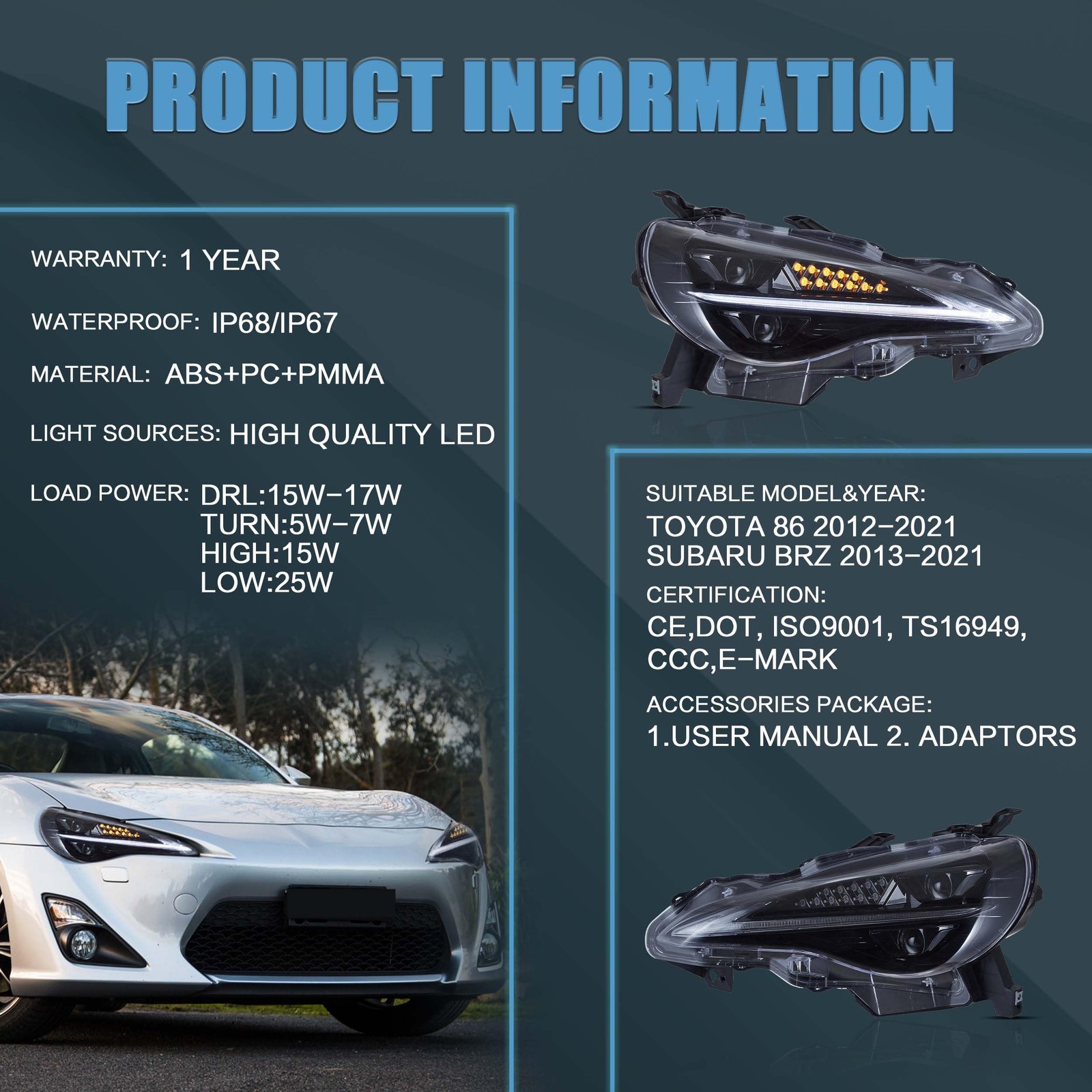 Headlight Assembly Fit for 2012-2021 Toyota 86 GT86 1st Gen Scion Frs Subaru Brz