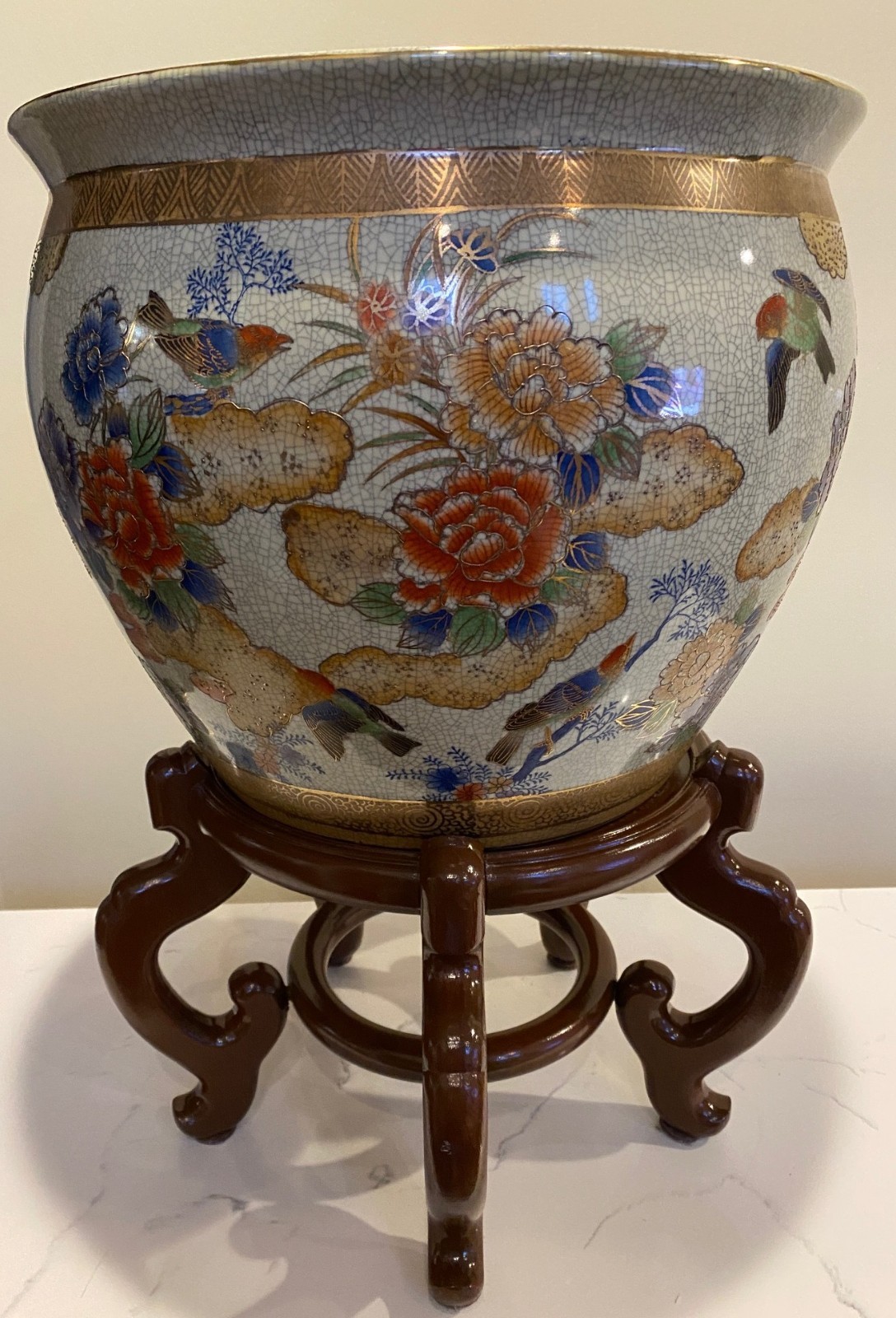 Chinese Planter Fine Porcelain Crackle Glazed Hand-Painted - Near Mint