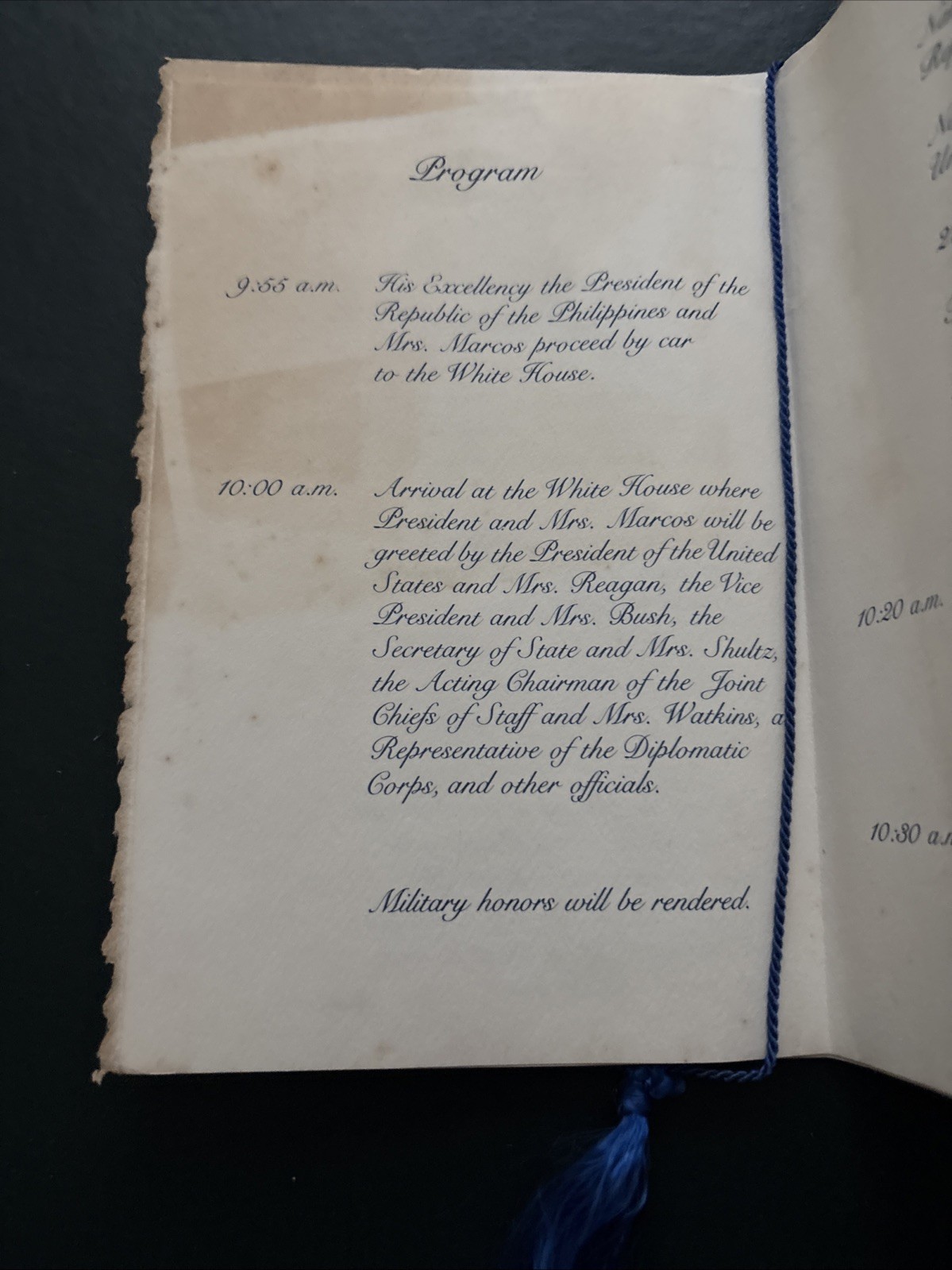 1982 Ronald Reagan White House Arrival Ceremony Program President of Philippines