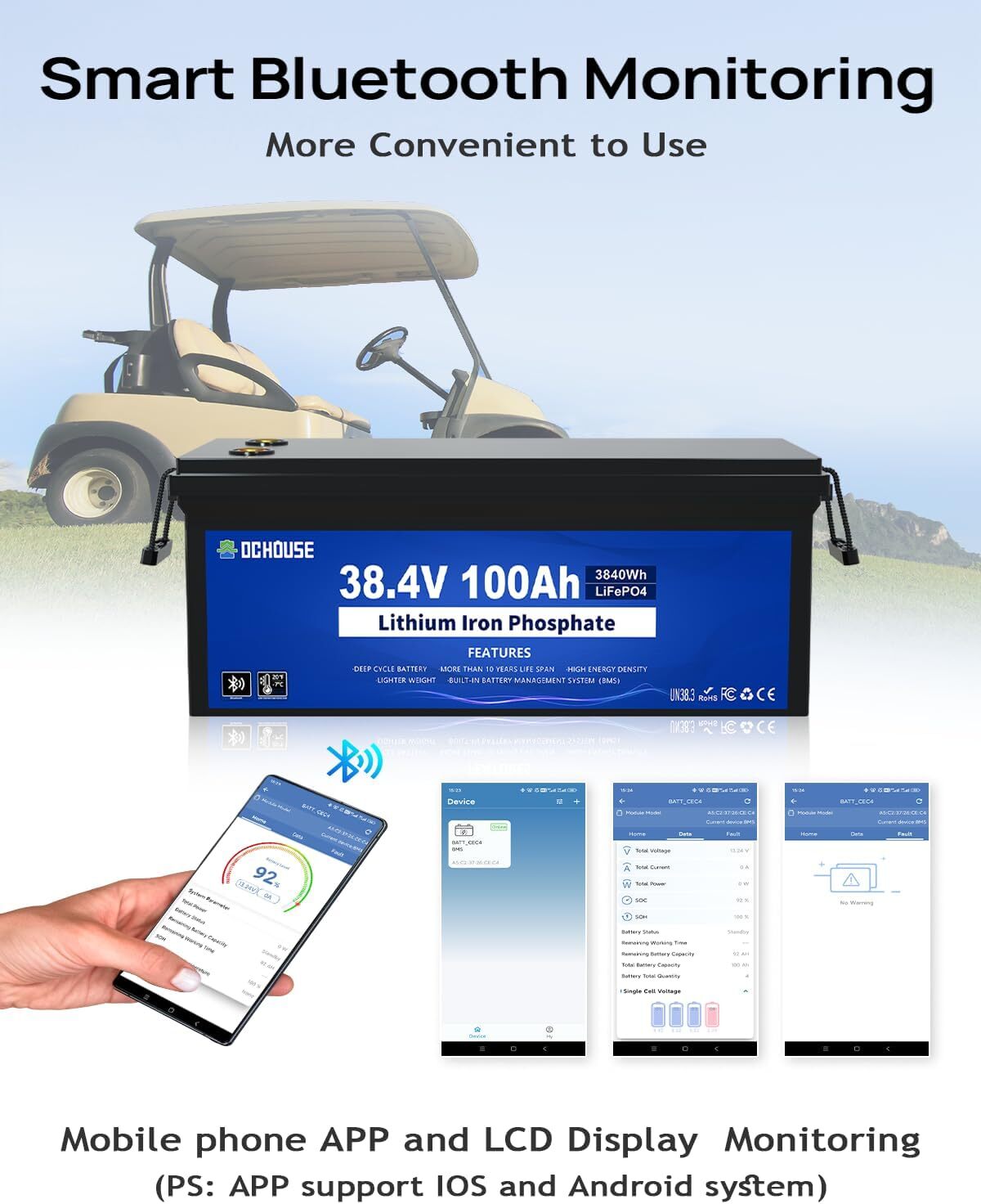 36V 100Ah Lithium Golf Cart Battery with 25A Charger Golf Cart Trolling Motor RV