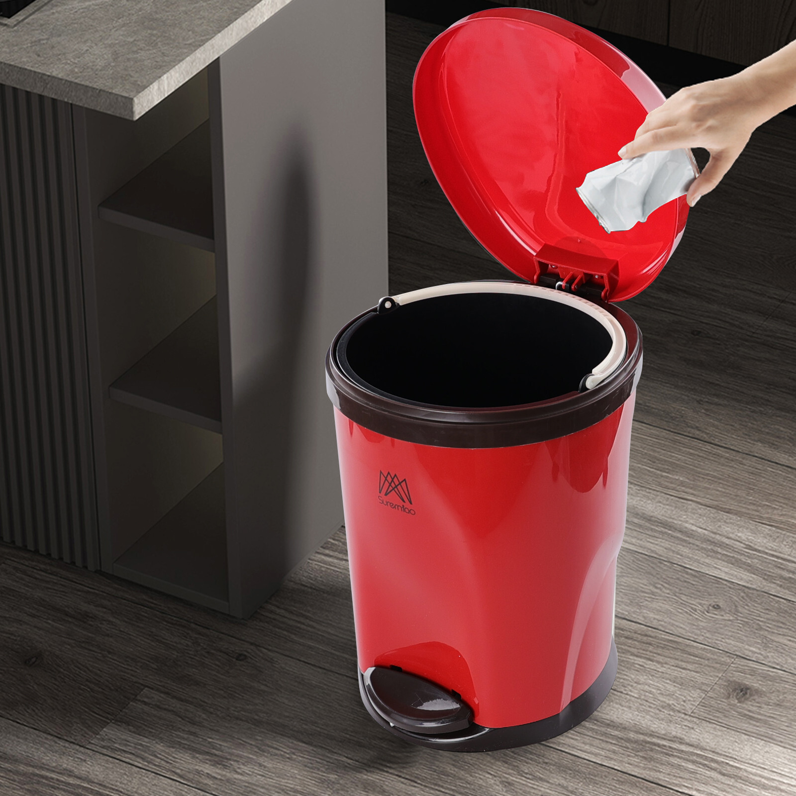 10 L Round Pedal Garbage Can, 3 Gallon Plastic Foot Operated Trash Bin, Red
