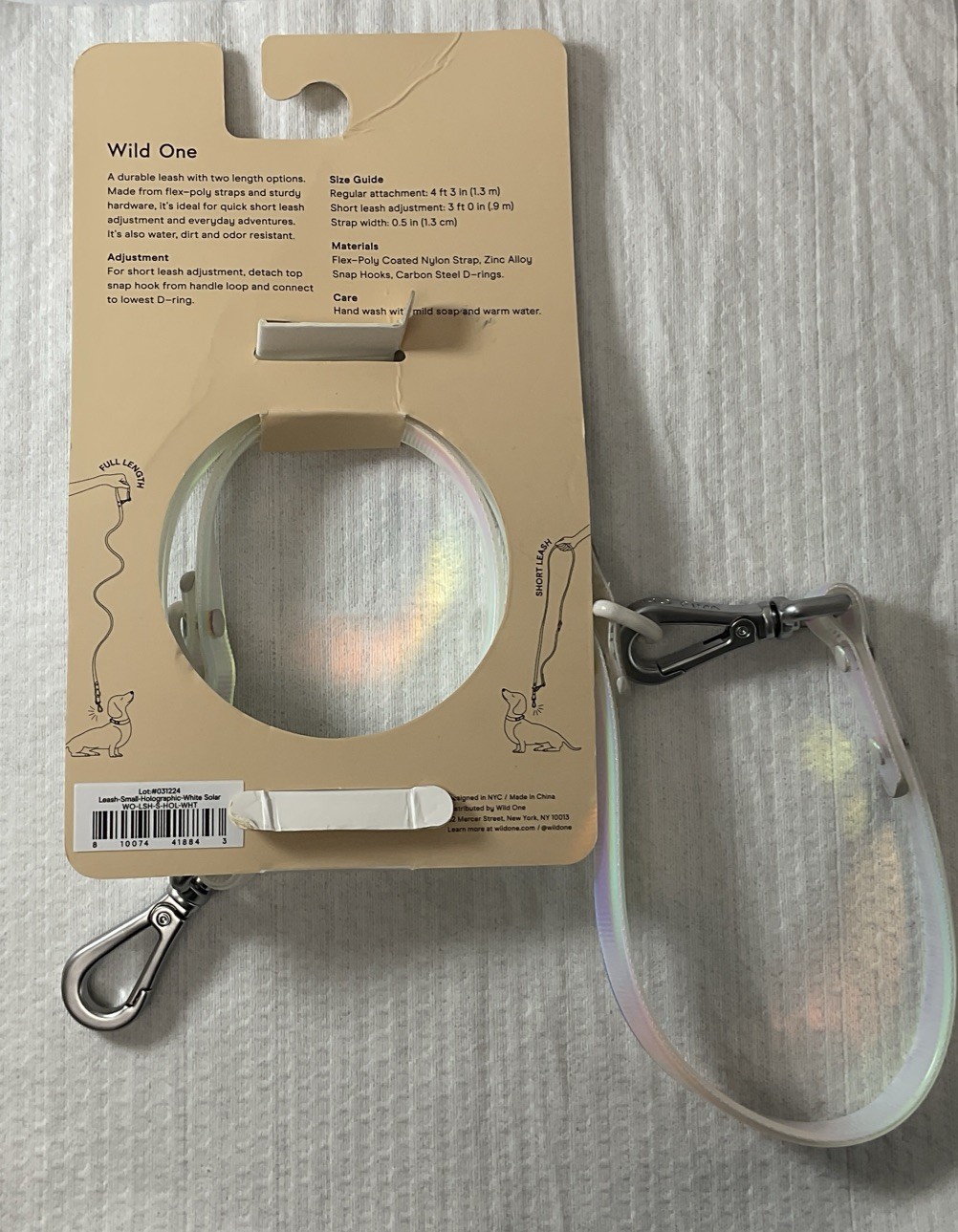 Wild One Adjustable Dog Leash White Solar Holographic - Small for Dogs up to 30#