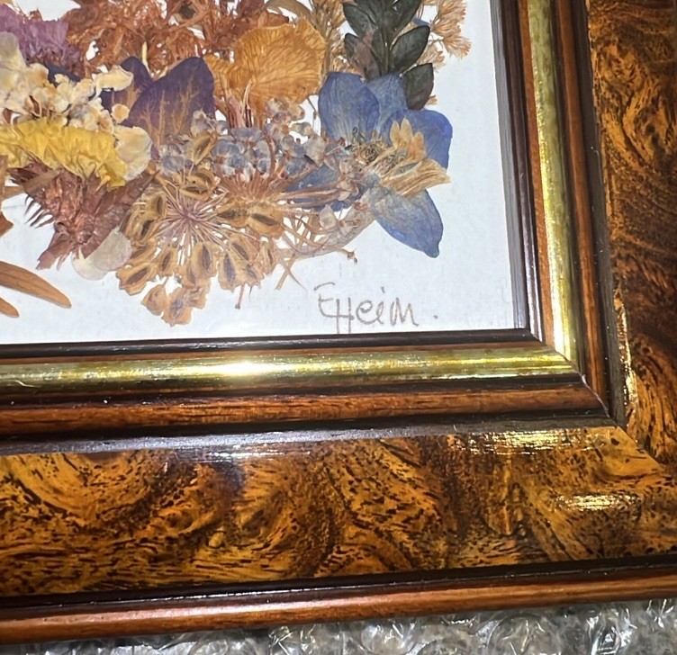 VTG Real Pressed Flower Specimens Framed With Glass Folk Art Wall Hanging Signed