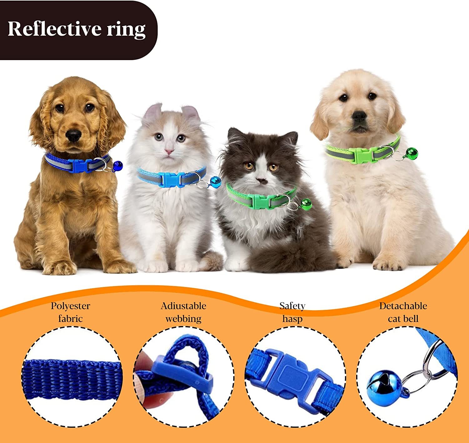 5PCS Reflective Nylon Collar With Bell Cat kitten Small Dog Puppy Pet Adjustable