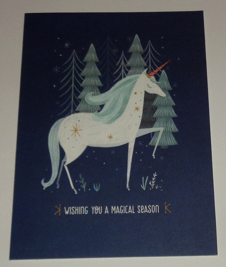 UNUSED Christmas greeting card, magical unicorn on blue, 7"